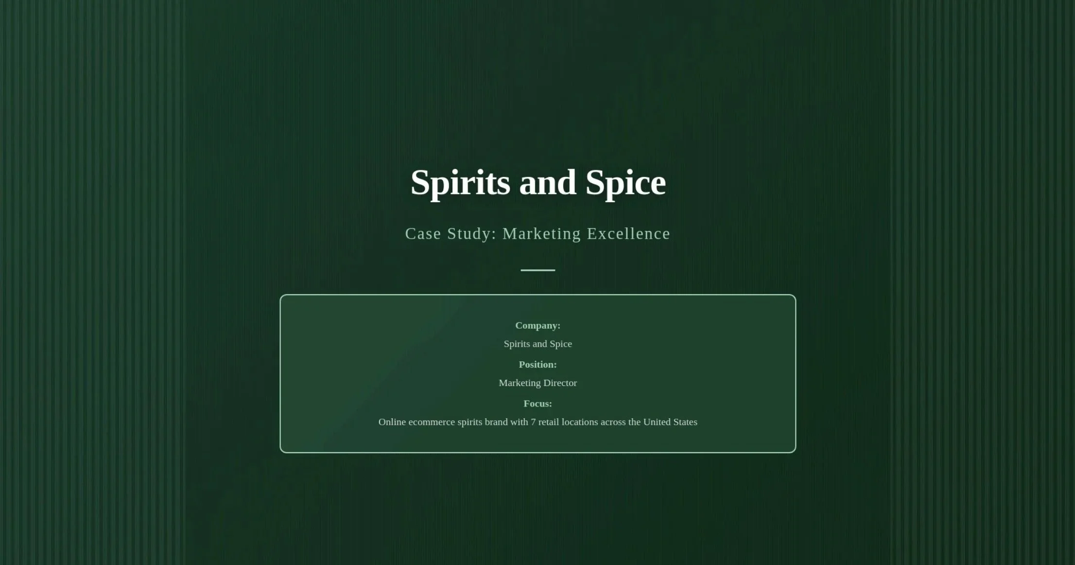 Presentation slide titled 'Spirits and Spice'. Subtitle: 'Case Study: Marketing Excellence'. Company name 'Spirits and Spice'. Position 'Marketing Director'. Focus: Online ecommerce spirits brand with 7 retail locations across the United States.