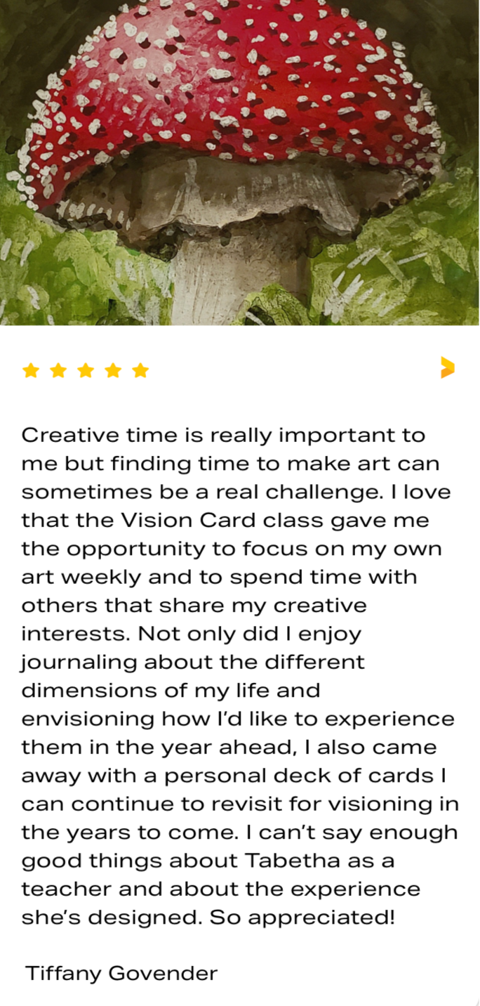 Illustration of a red and white spotted mushroom with a text review praising a Vision Card class by Tiffany Govender.