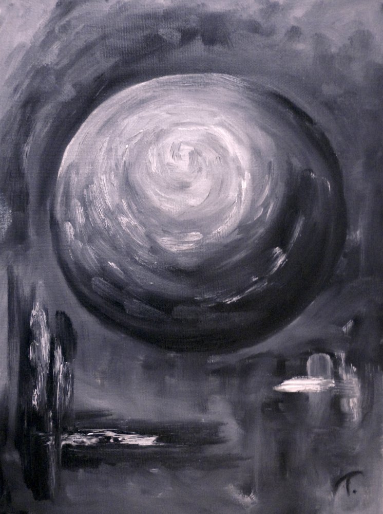 Abstract black and white painting depicting a large swirling circle in the center with textured brush strokes, surrounded by various shapes and shades of gray.