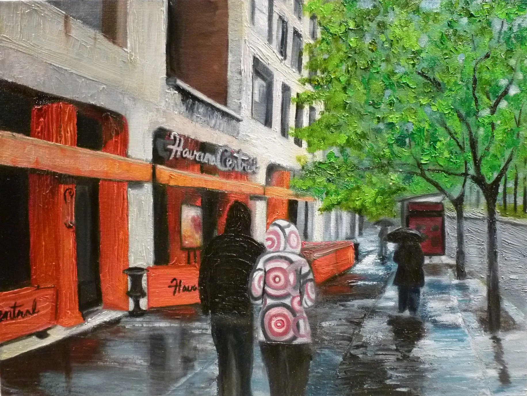 Painting of a rainy city street scene with people walking, one with a colorful hooded coat, wet pavement, green trees, and a building with "Havana Central" signage.