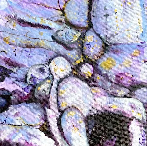 Abstract painting with purple and gold hues, depicting organic shapes resembling stones or sea creatures.
