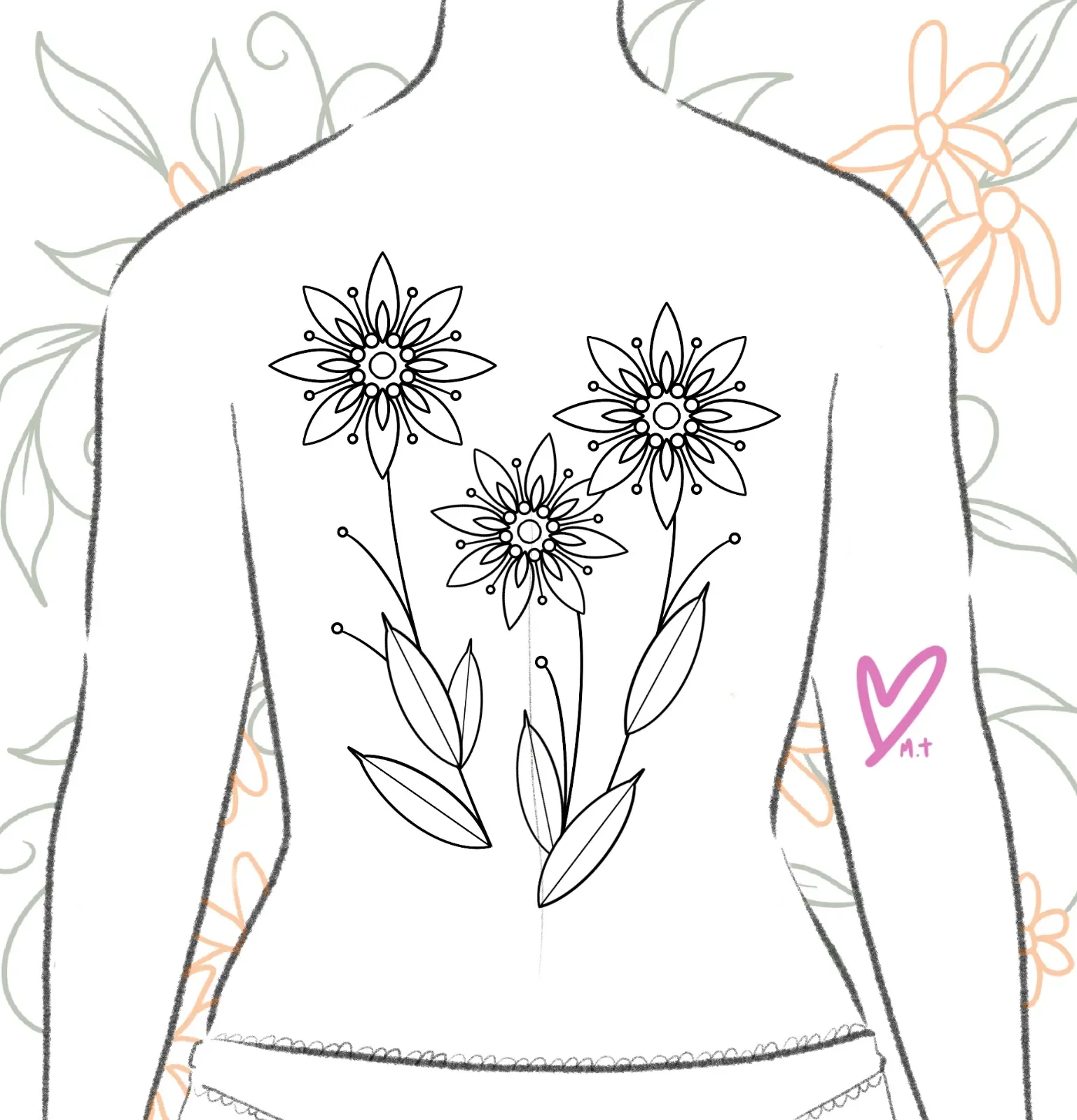 A black and white line drawing of a person's torso with three large flowers and leaves on the chest. There is a small pink heart with "M.T" on the right arm. The background has faint, pastel-colored floral outlines.