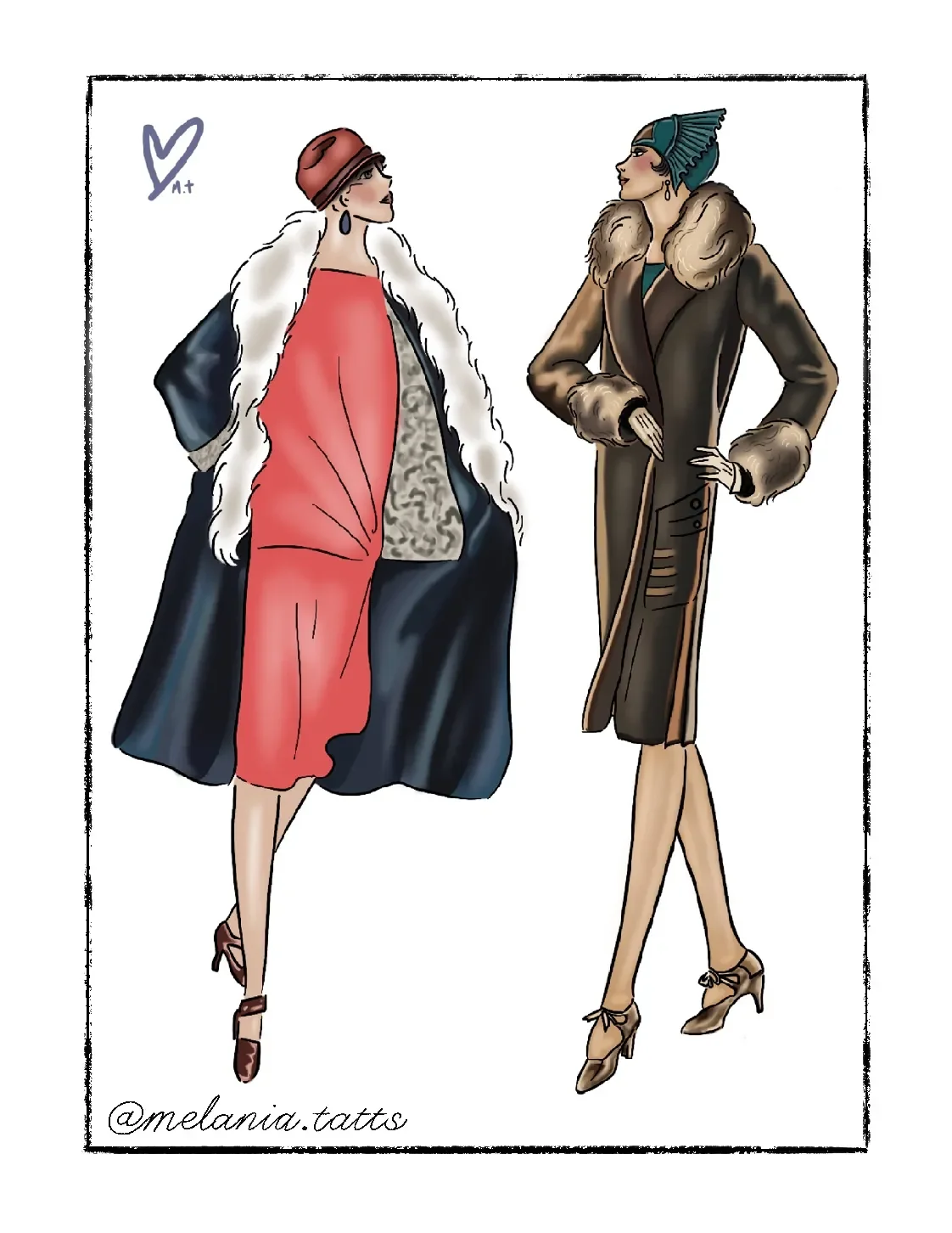 Fashion illustration of two women wearing vintage winter coats and hats, standing and facing each other, with the artist's signature '@melania.tatts' at the bottom left.