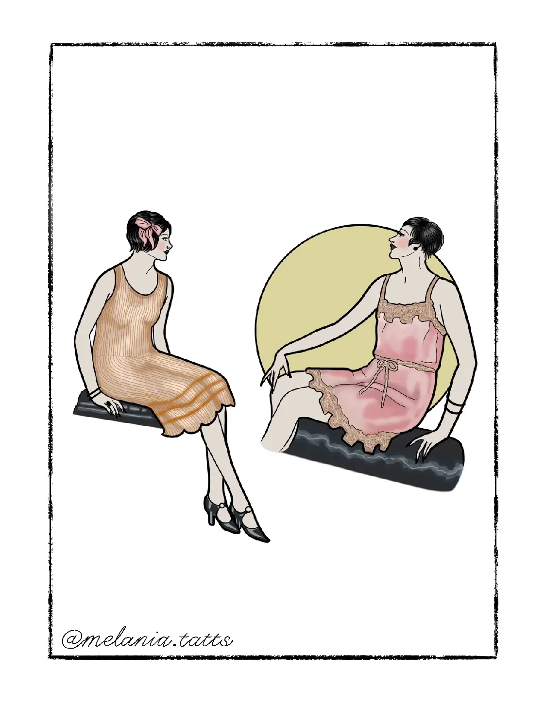 Two women sitting on exercise mats, one in a peach dress and the other in a pink nightgown, engaging in conversation during a relaxed session.