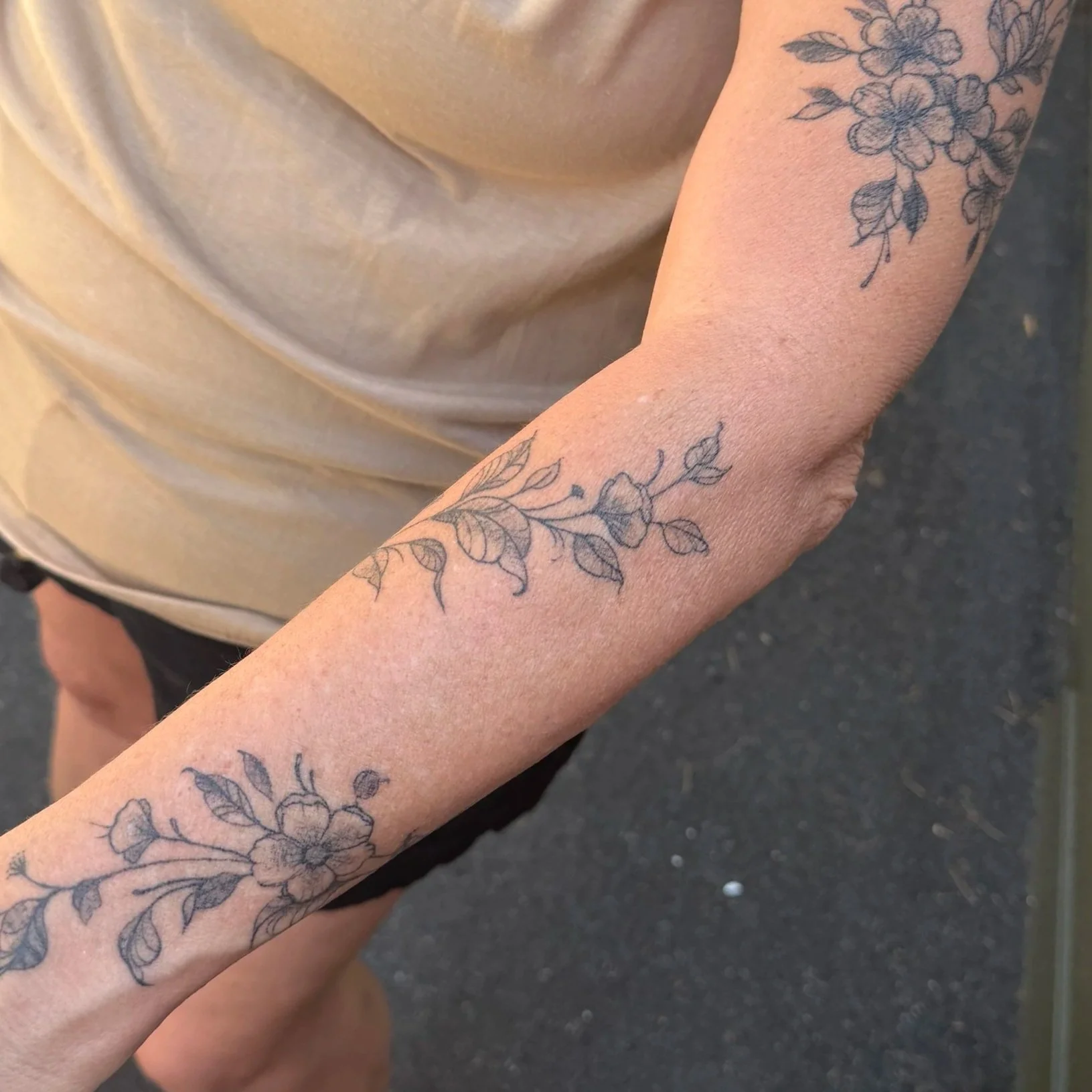 Fineline Floral Sleeve Tattoo Healed