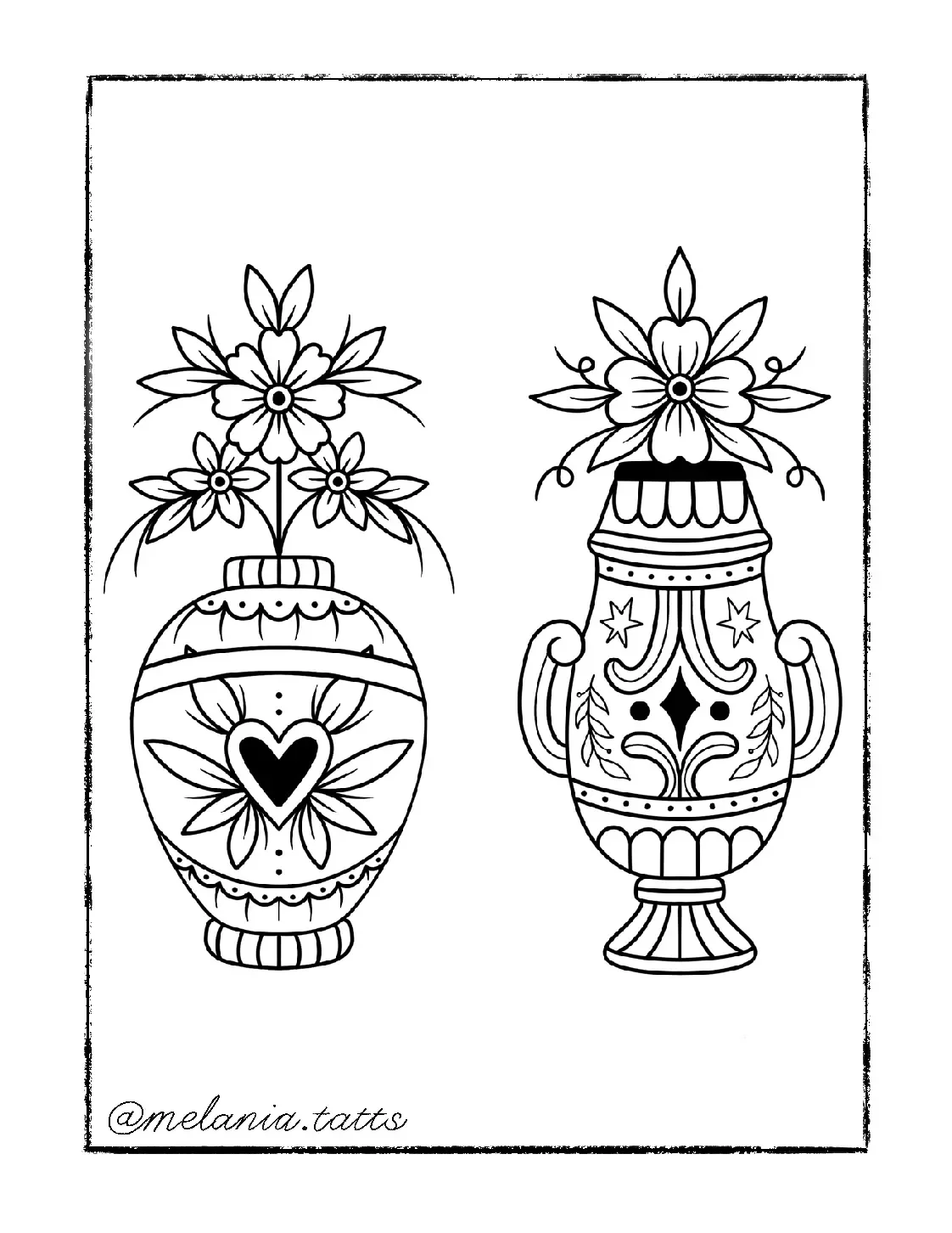 Black and white drawing of two decorative vases with flowers in them, side by side, with intricate patterns and designs.