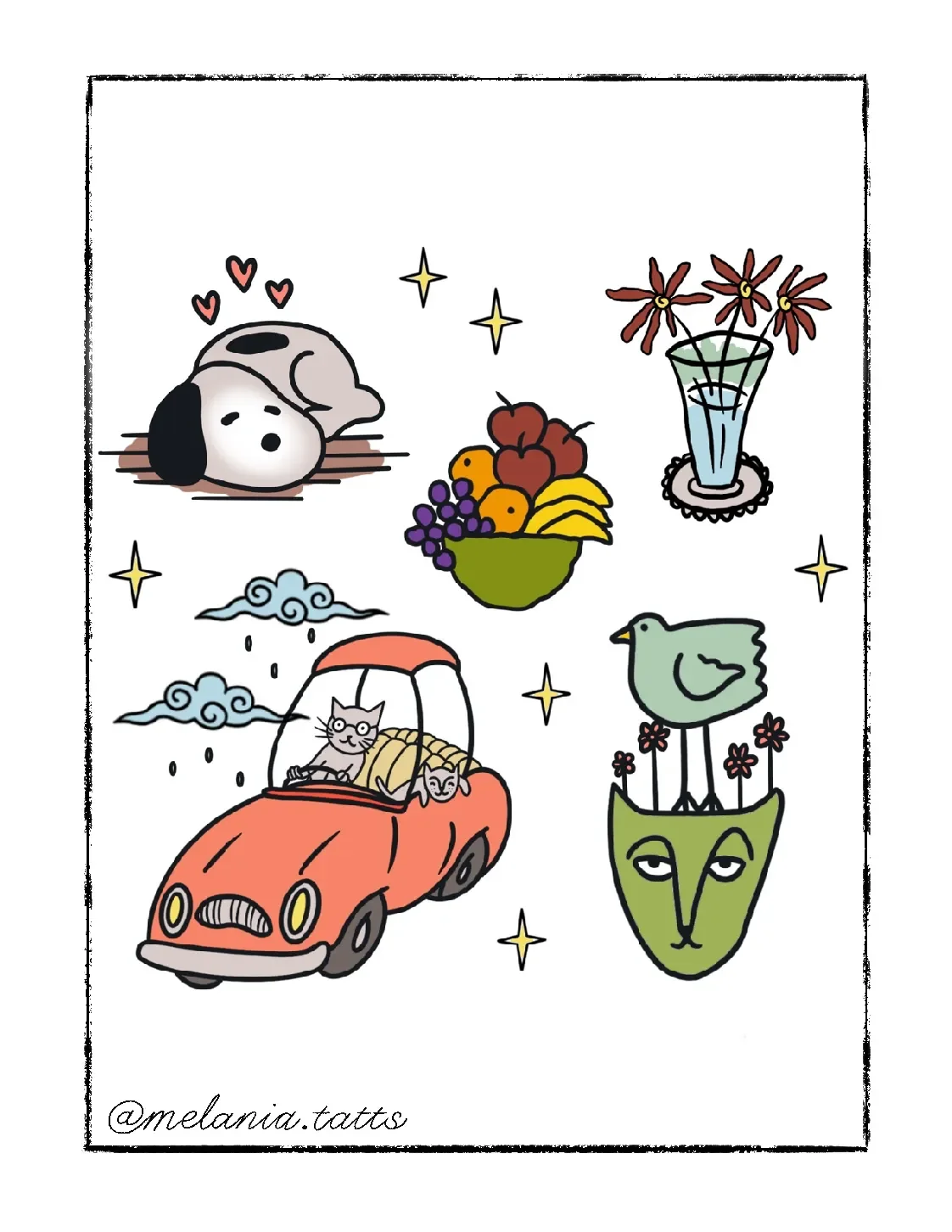 Illustration of various elements, including sleeping Snoopy, a colorful fruit bowl, a vase with flowers, a car with cats inside, a bird, and a green face-shaped planter with a bird and flowers, surrounded by stars and clouds.