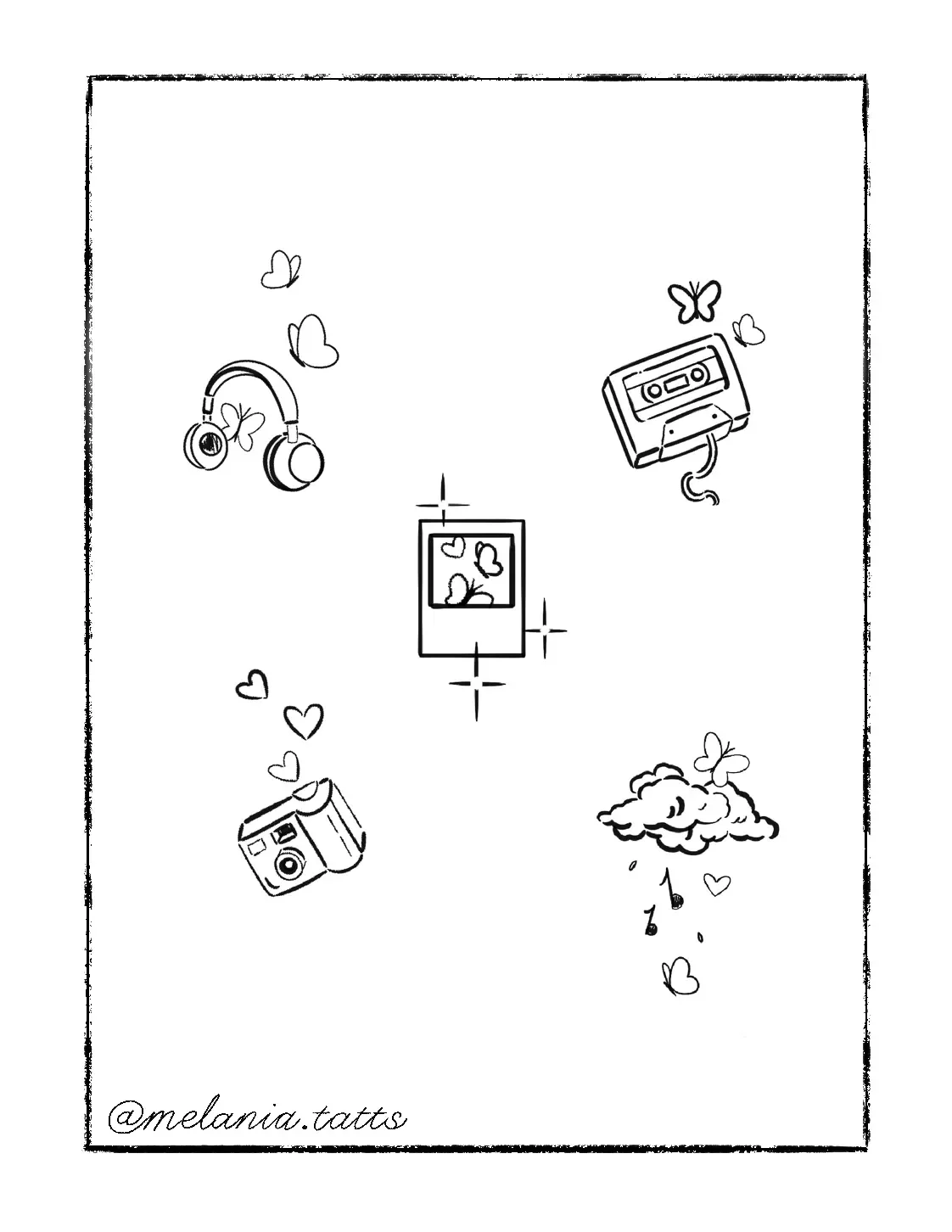 Black and white illustration of various music and art-related objects, including headphones with butterflies, a vintage cassette player, a polaroid photo with hearts, a camera with hearts, and a cloud with musical notes and butterflies.