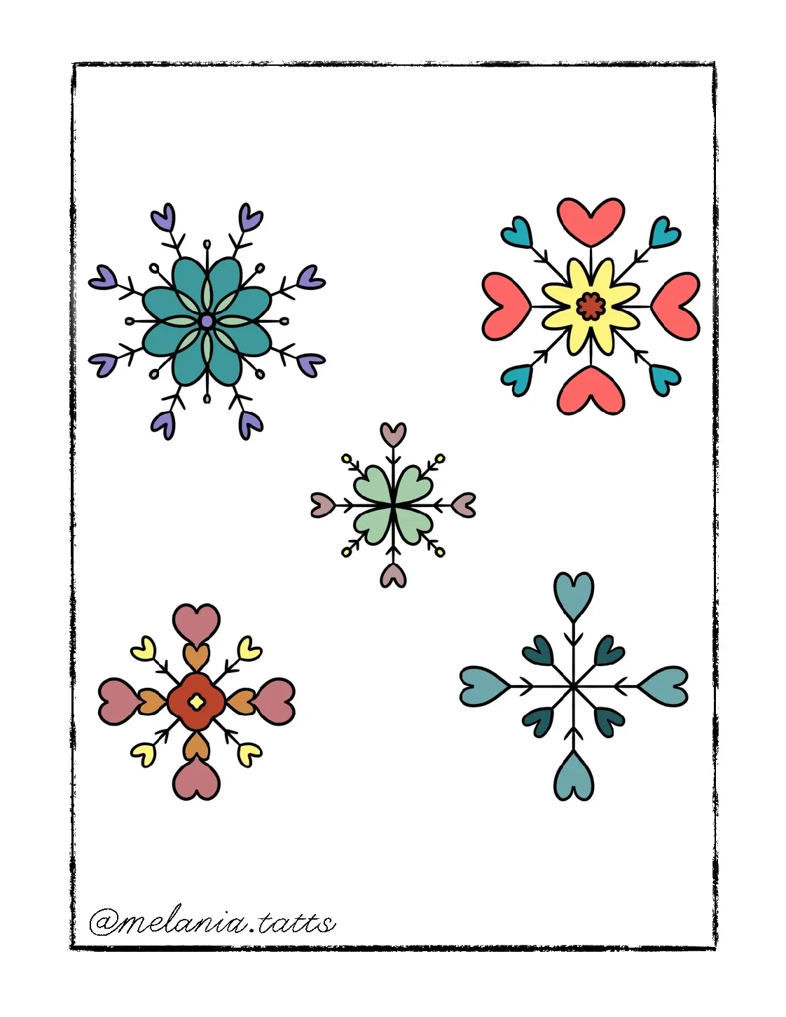 Five colorful mandala-style snowflake and heart patterns with black outlines on a white background, signed '@melania.tatts'.
