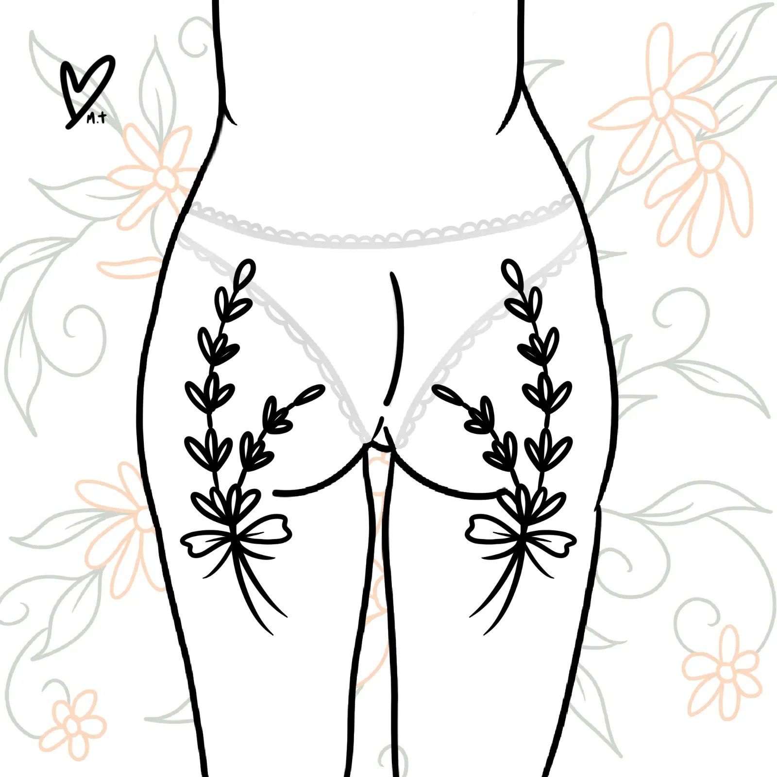 Line drawing of a woman's lower back and buttocks, with black floral and leaf designs overlaid, set against a background of faint pink and gray flowers and leaves.