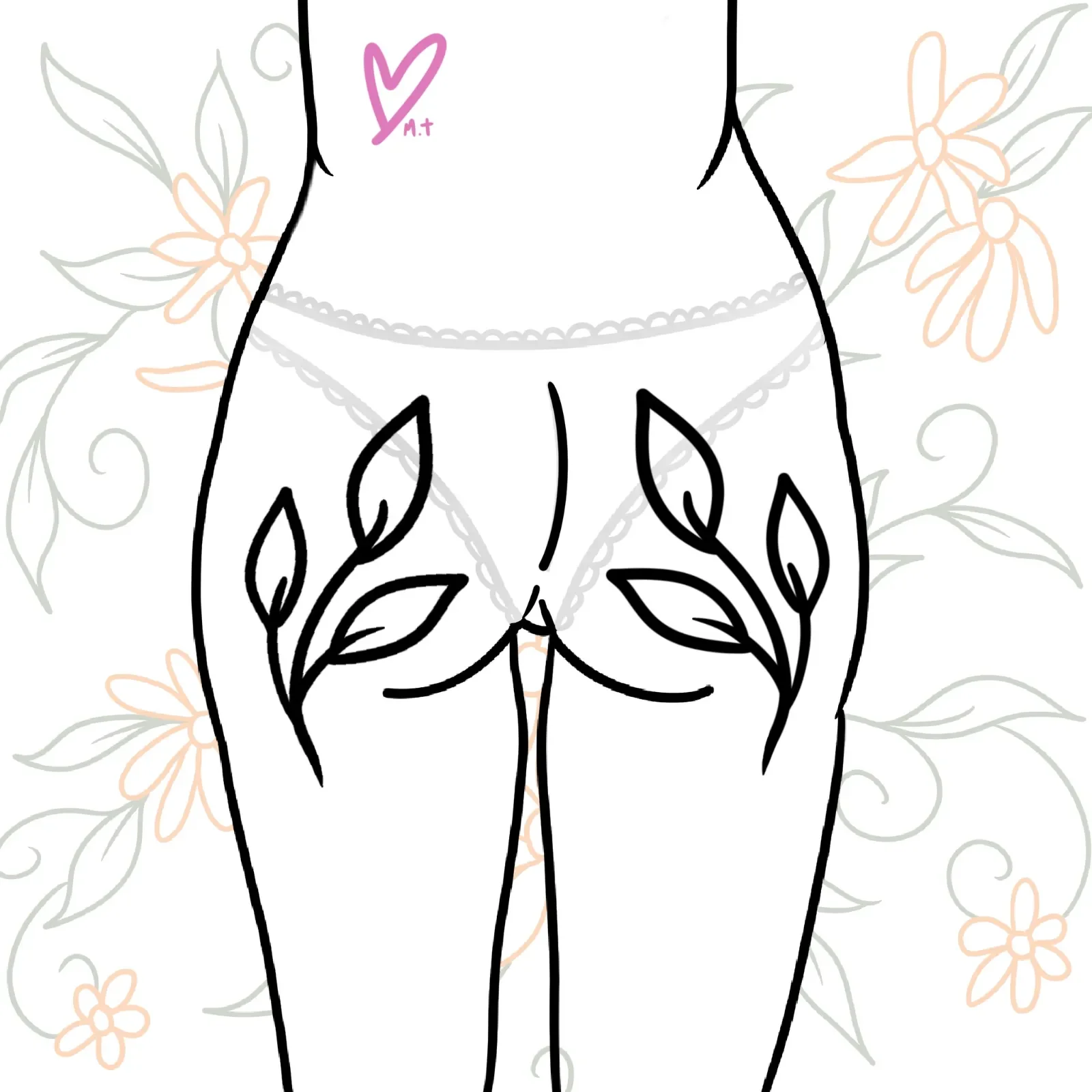 Line drawing of a woman's lower back, buttocks, and thighs with leaf patterns on her legs, set against a background of floral outlines.