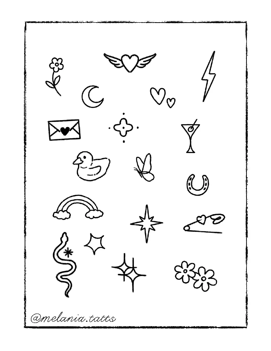 Line art drawing featuring various small illustrations, including a flower, crescent moon, heart with wings, lightning bolt, envelope with a heart, duck, butterfly, horseshoe, rainbow, star, sparkles, snake, two flowers, and a safety pin, with the ar