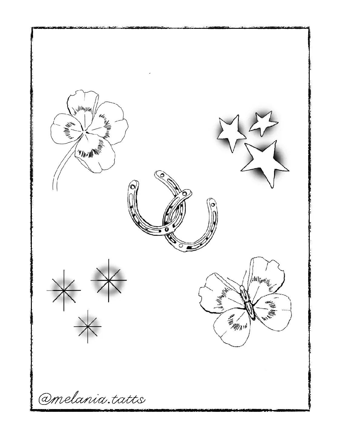 Black and white coloring page with two hibiscus flowers, three stars, three sparkles, a horseshoe, and a butterfly. The artist's signature '@melania.tatts' is in the bottom left corner.