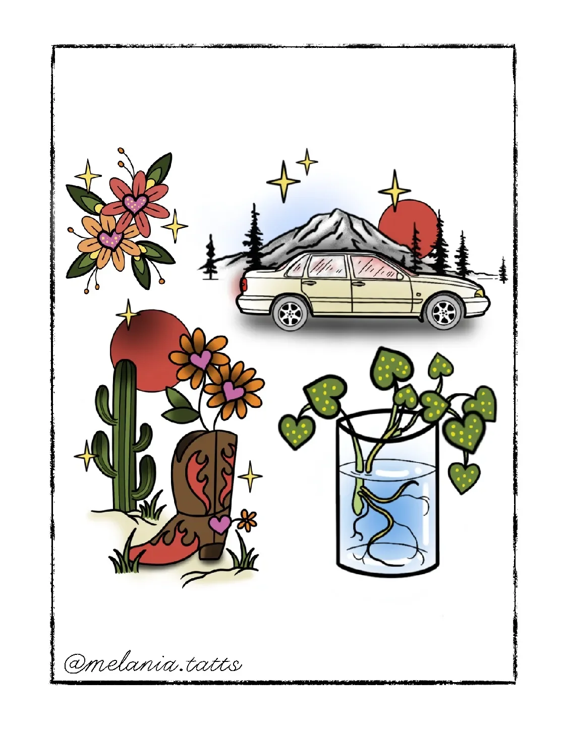 A digital illustration featuring a vintage yellow car in front of snow-capped mountains, pine trees, and a red sun. Surrounding elements include pink and orange flowers with hearts, a cactus, a potted plant with heart-shaped leaves in water, and smal