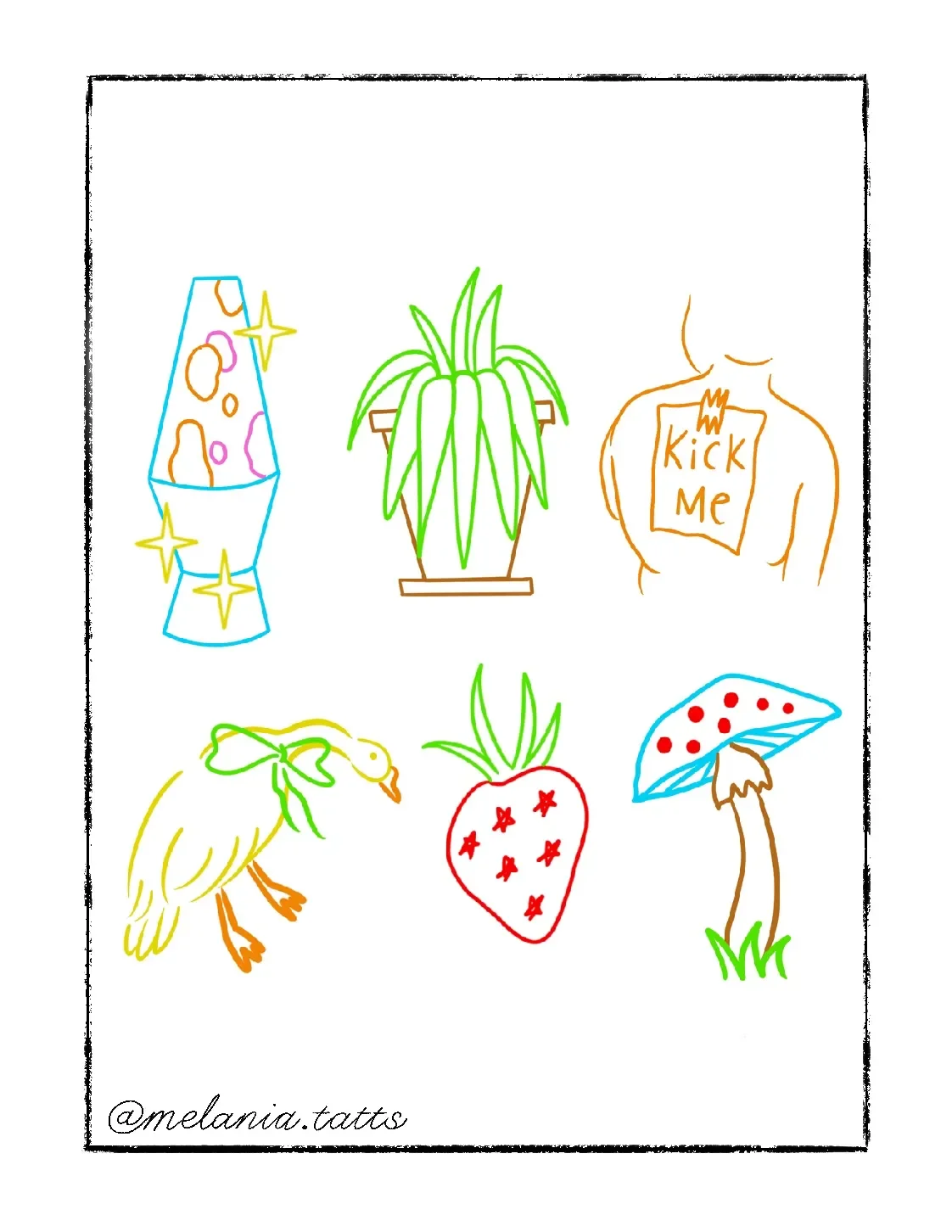 Colorful drawing of a lava lamp, a potted plant, a human figure with a 'Kick Me' sign on chest, a goose, a strawberry, and a mushroom, all outlined with various bright colors.