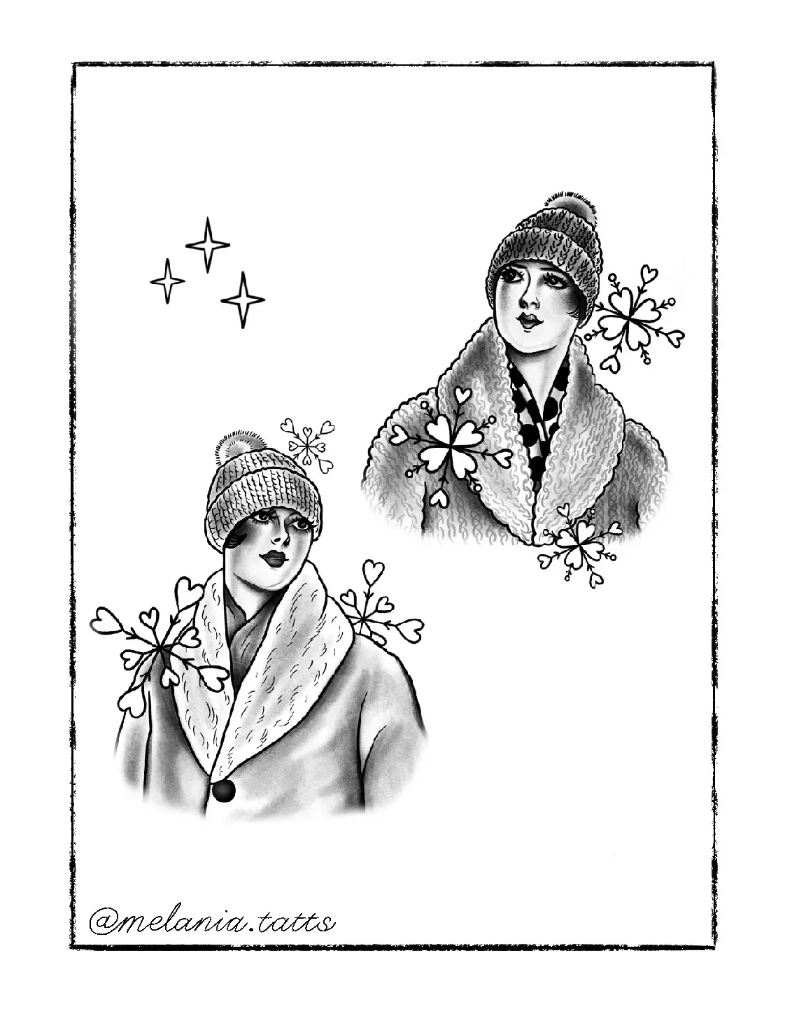 Black and white illustration of a woman wearing a winter coat, scarf, and knit hat, with decorative snowflakes and four-leaf clovers around her, and a signature '@melania.tatts' at the bottom.