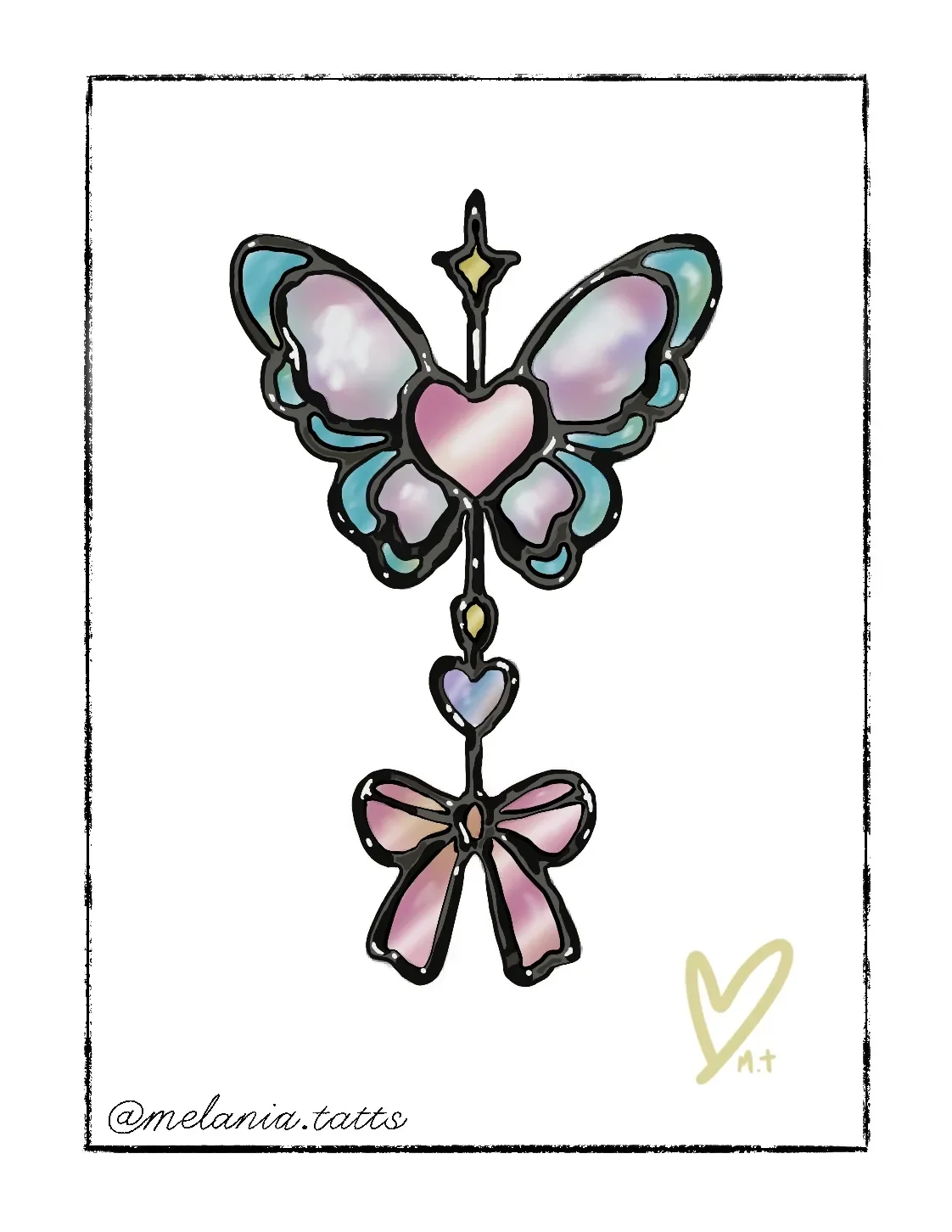 Colorful stained glass art of a butterfly with hearts and a bow, signed '@melania.tatts'.  Heart shapes are incorporated into the design.