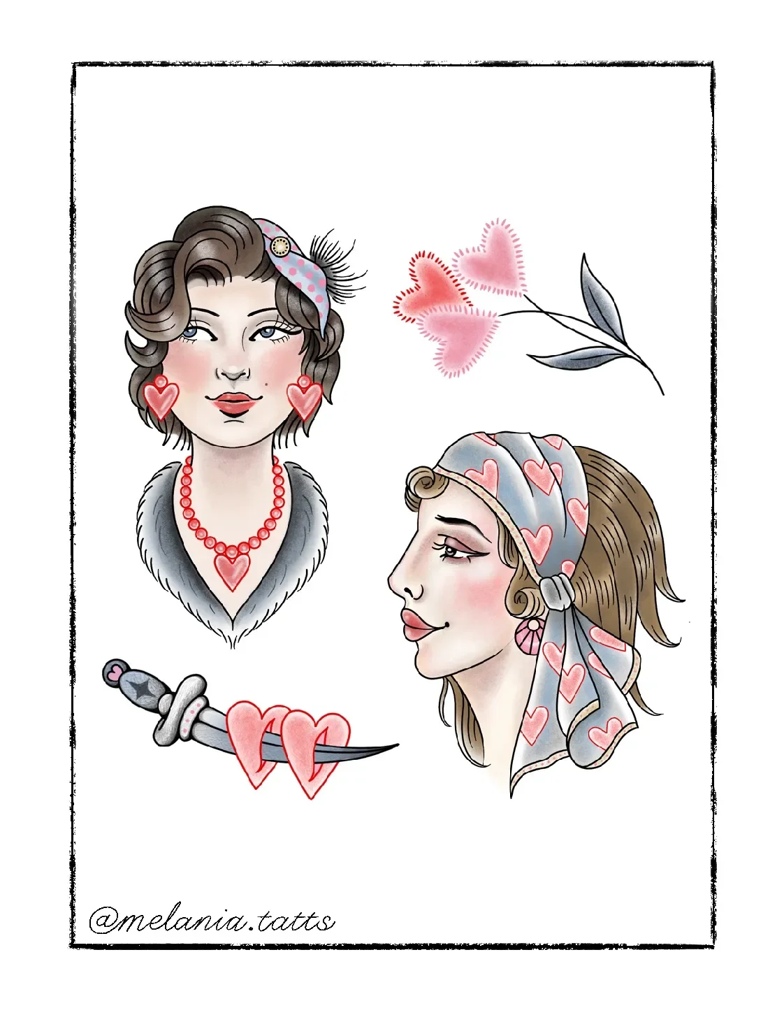 Illustration of two women with vintage hairstyles, wearing heart-themed accessories and jewelry. One woman is facing forward with hearts on earrings, necklace, and a fur-lined collar. The other woman is in profile, wearing a headscarf with hearts and