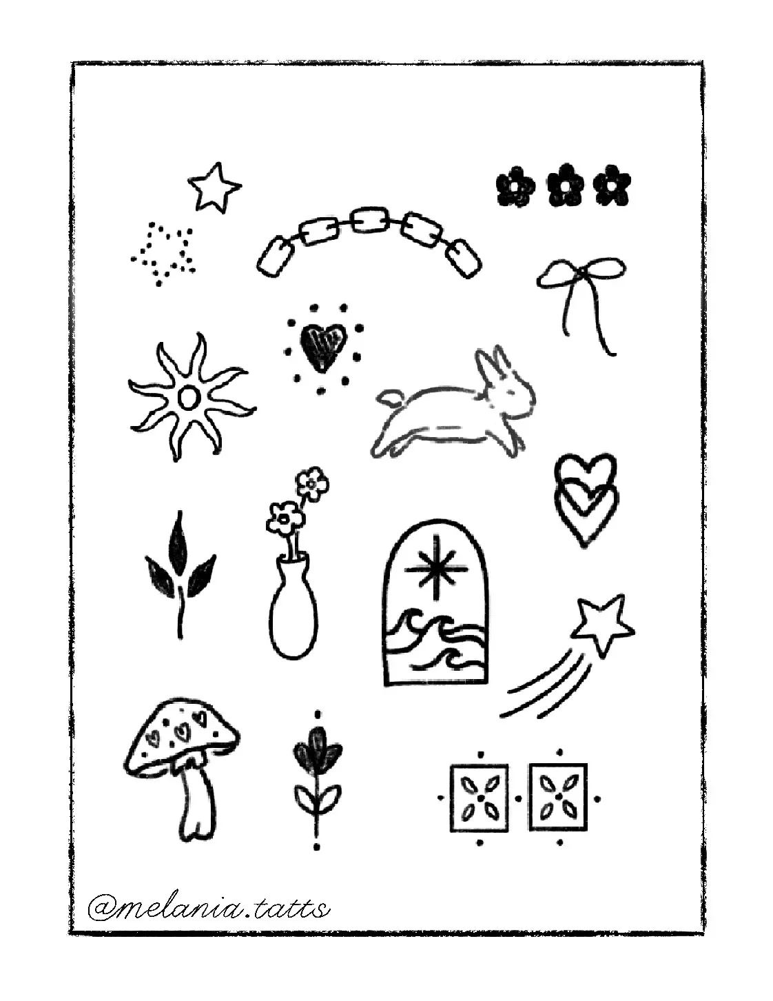 Collection of doodles including stars, flowers, a bunny, a mushroom, a vase with flowers, a window with a star and waves, hearts, a shooting star, and various decorative elements.