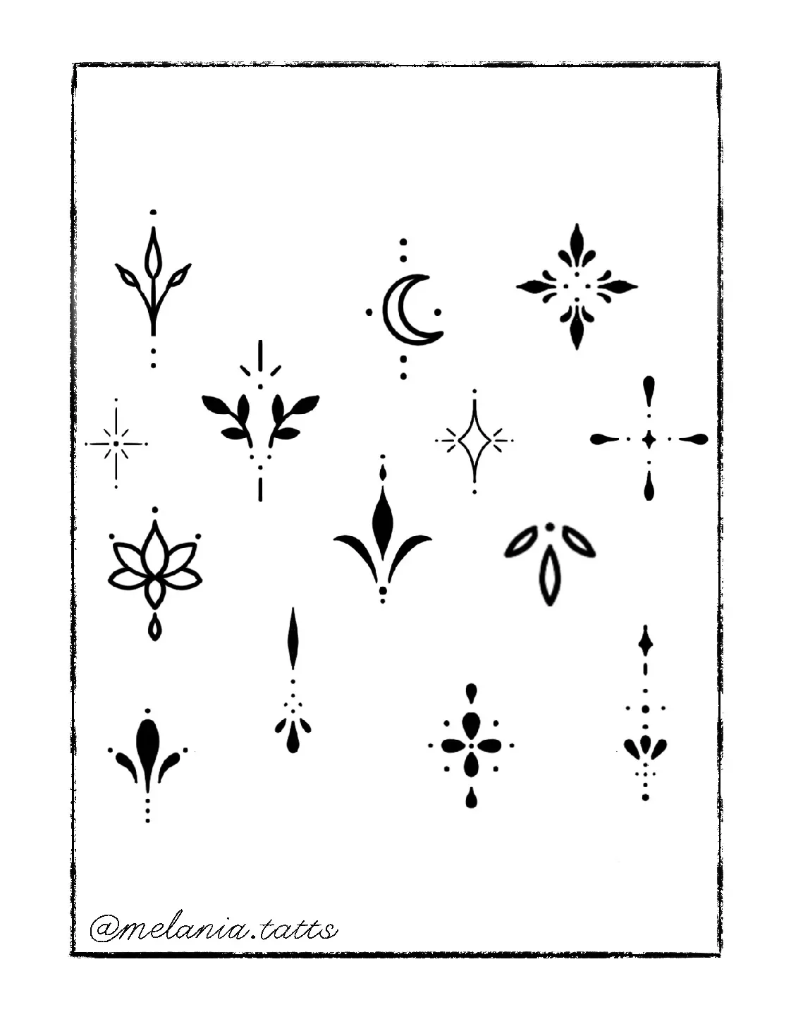 Collection of black and white decorative tattoo-style symbols including stars, moons, flowers, leaves, and crosses on a white background.