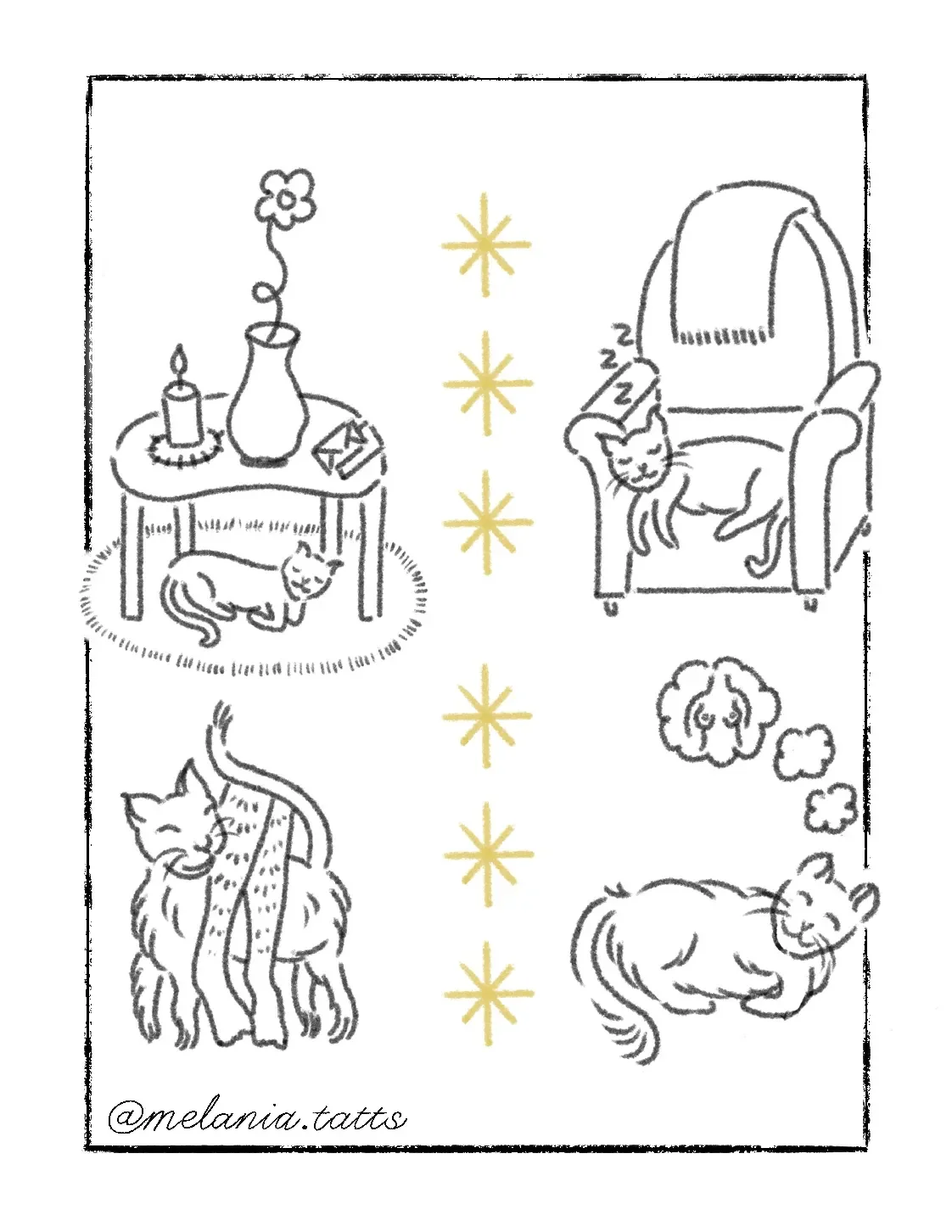 Black and white line drawing of four cats resting in different spots, separated by a vertical line of yellow stars.