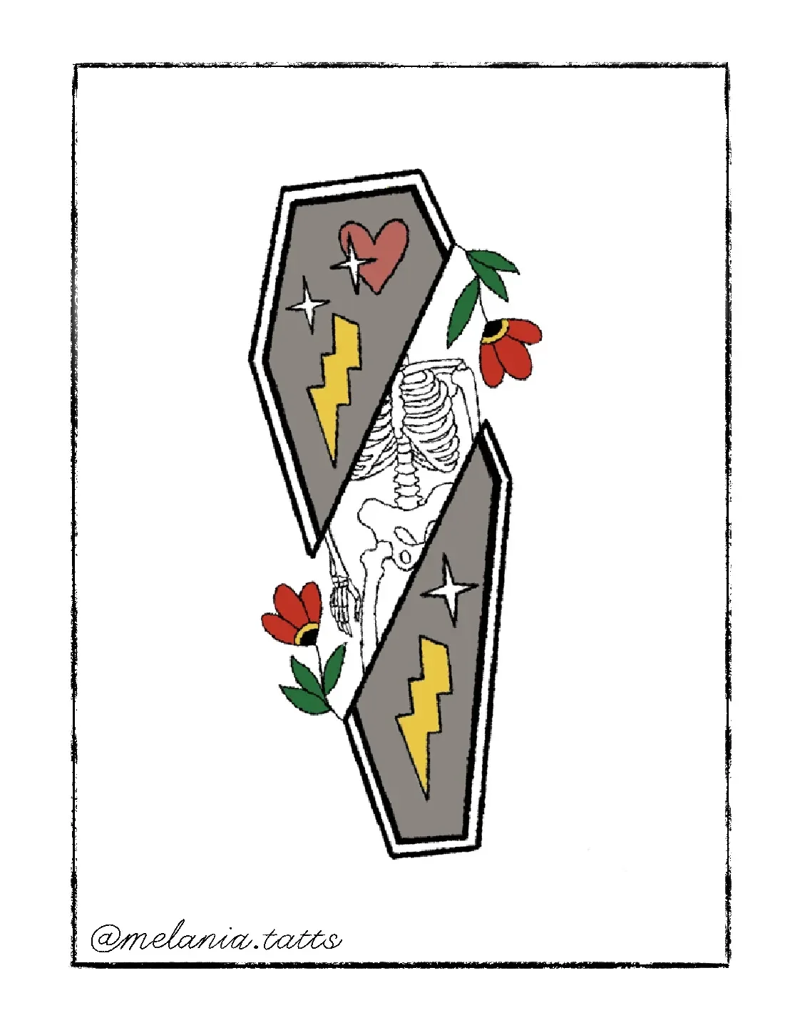 Tattoo design featuring a coffin with lightning bolts, a heart, stars, a skeleton, and floral elements, signed '@melania.tatts' at the bottom.
