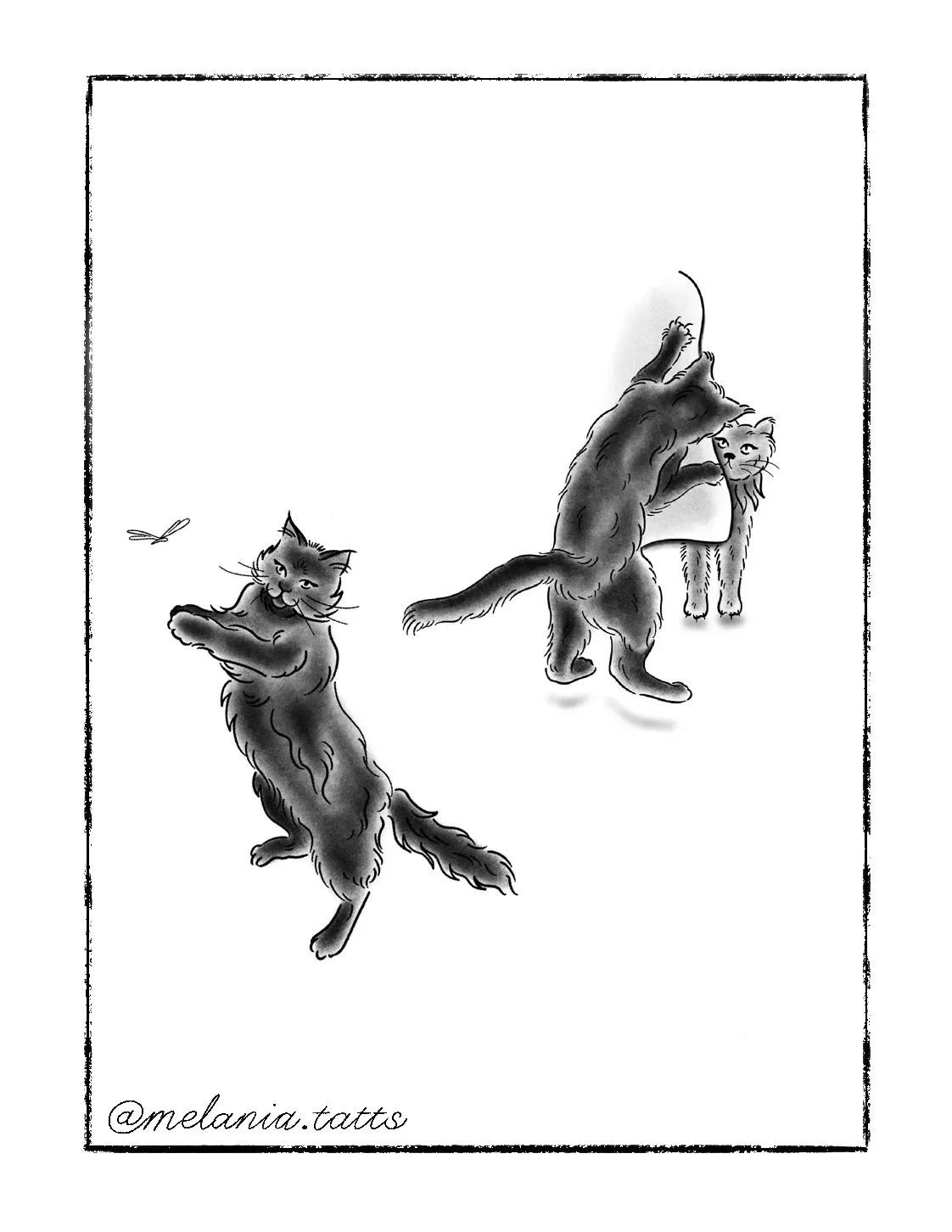 Black and white illustration of three cats playing with a small insect, with artistic shading and a signature '@melania.tatts' at the bottom.