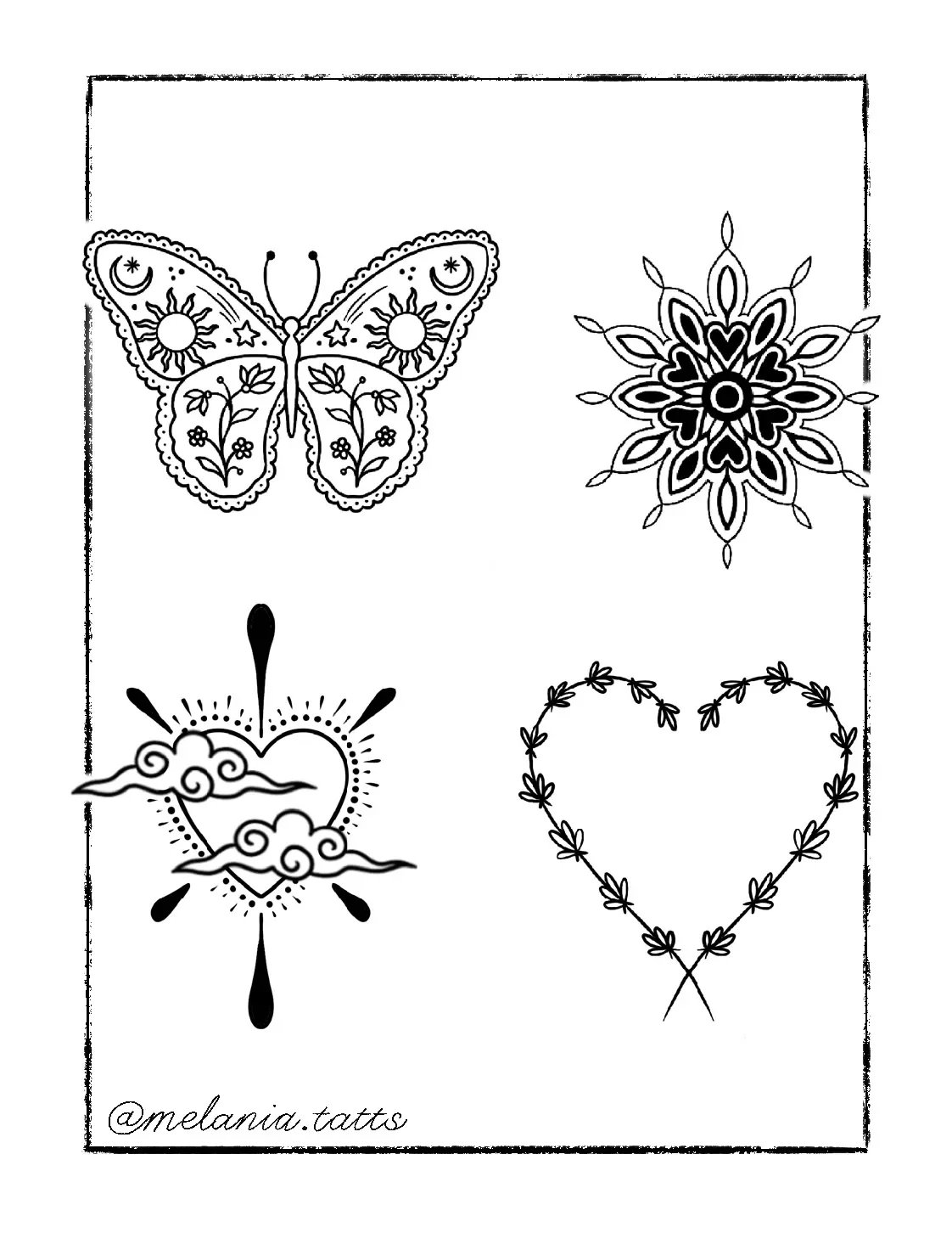 Four black-and-white line art tattoo designs: a butterfly, a mandala, a heart with clouds and rays, and a heart-shaped floral wreath.