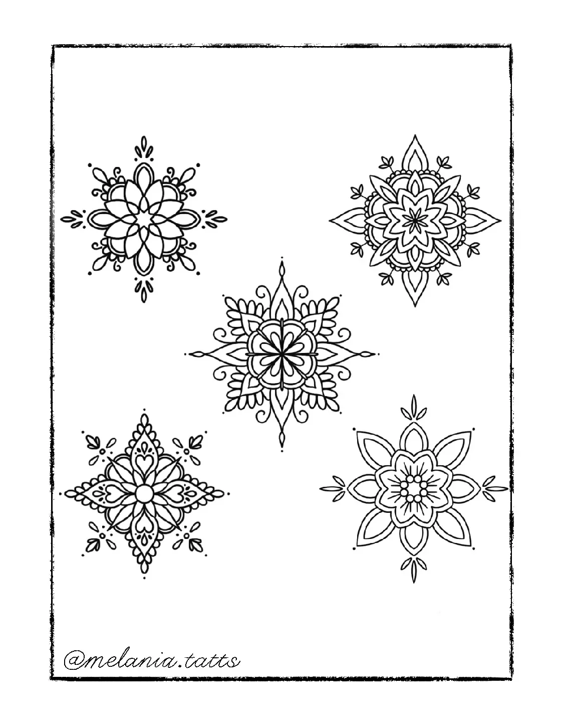 Black and white coloring page featuring five intricate floral geometric designs arranged with one in the center and four surrounding it, framed by a border.