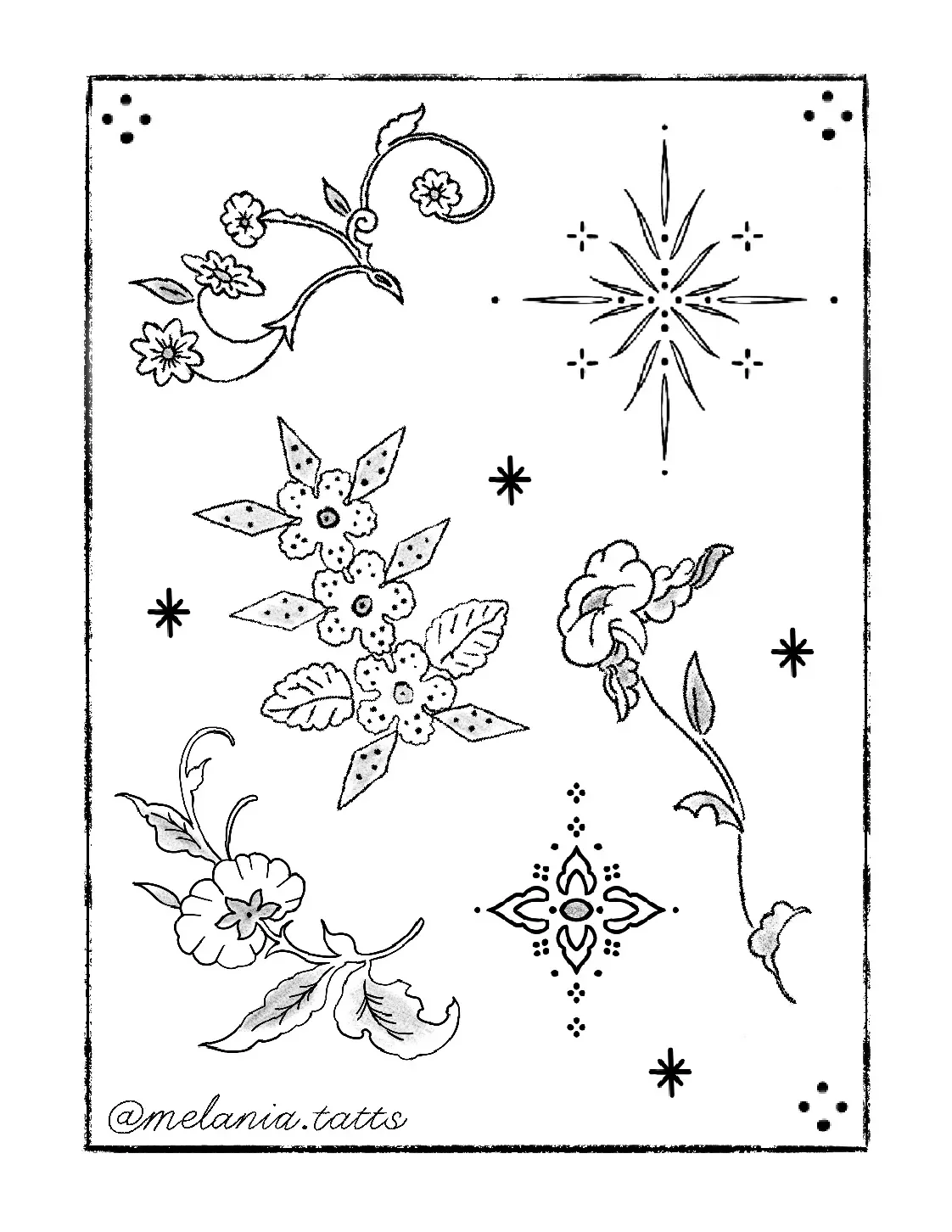 Black and white coloring page featuring various floral and star designs, including flowers, leaves, and geometric patterns, signed '@melania.tatts'.
