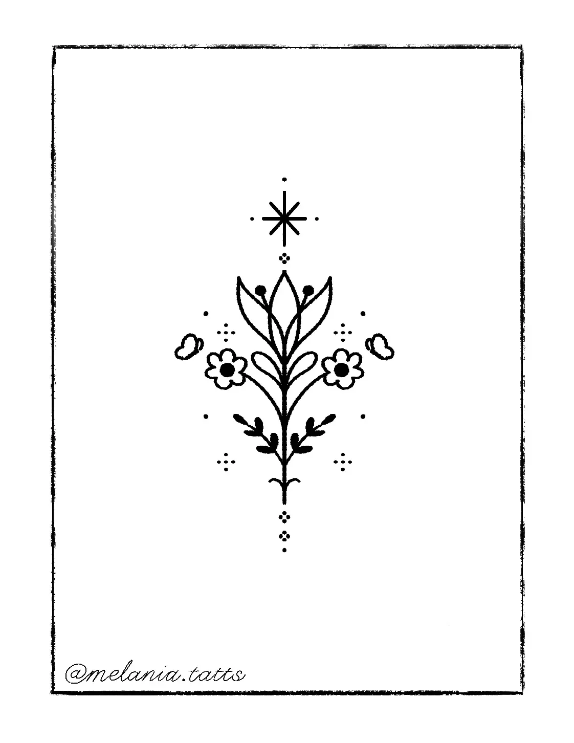A black and white floral tattoo design with symmetrical flowers, leaves, and decorative elements, signed by @melania.tatts.