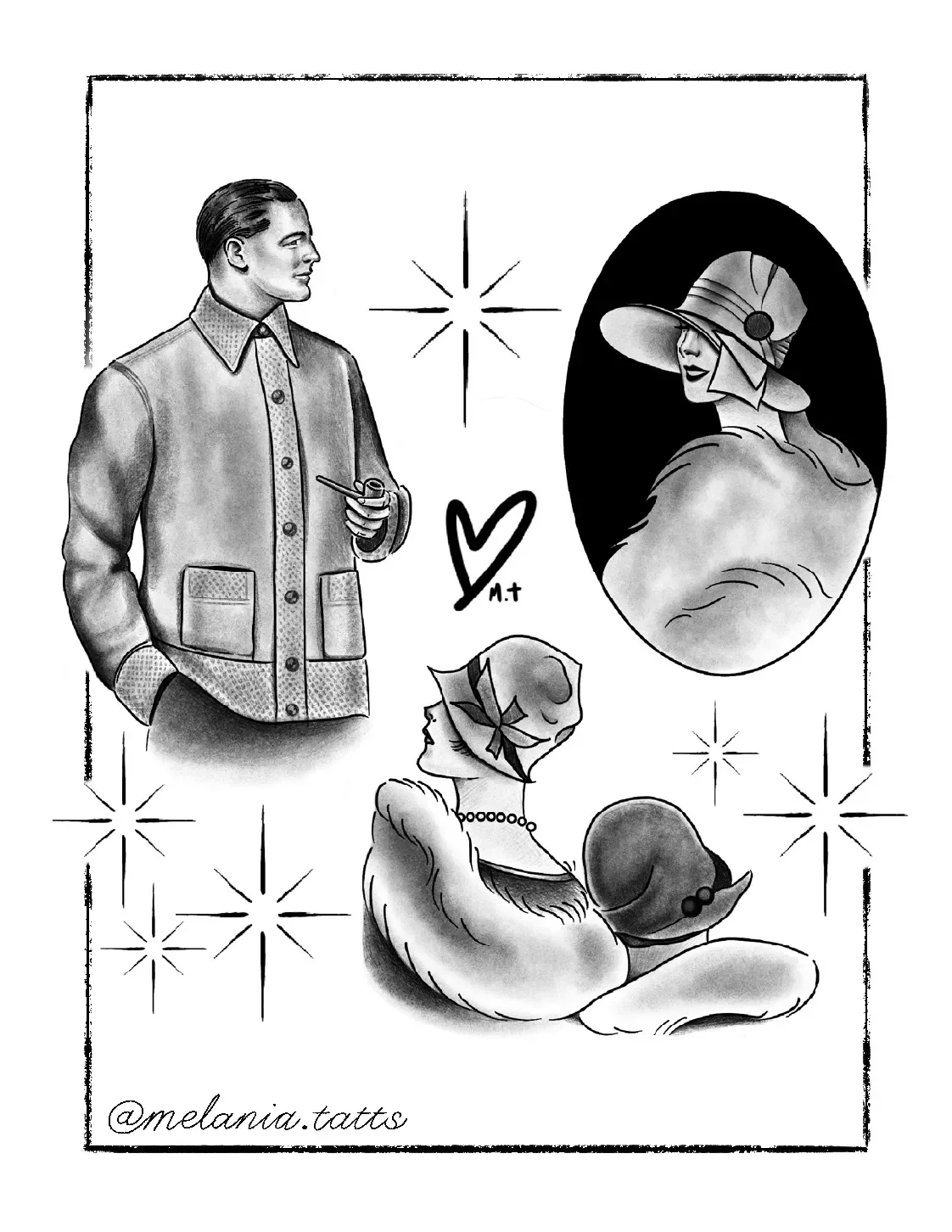 Black and white illustration featuring a man holding a phone, two women with vintage hats, and star-shaped decorative elements, with a signature '@melania.tatts'.