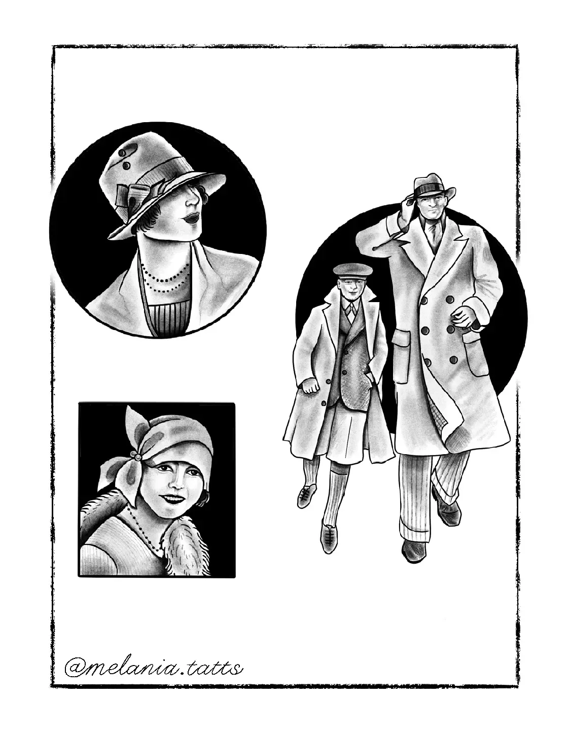 Black-and-white illustration of three stylish individuals, including a woman with a hat and pearls, a smaller image of a woman with a hat and fur collar, and two men walking, one in a long coat and hat, and a boy in a coat and cap. The signature '@me