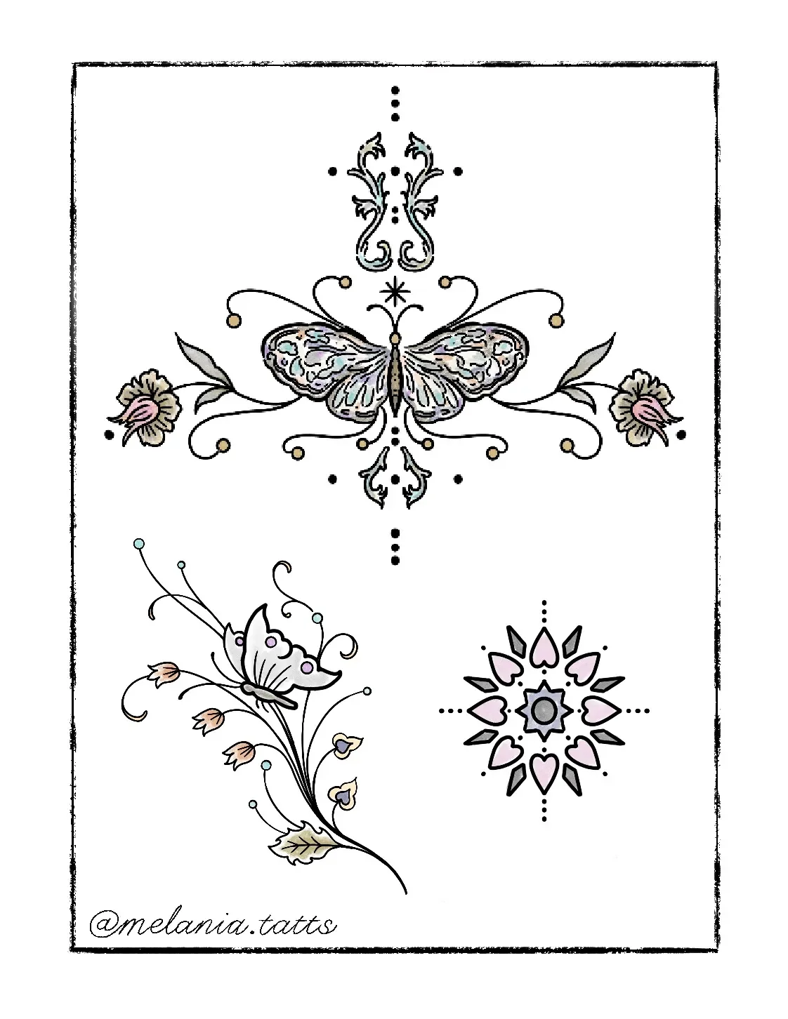 Tattoo-style illustration featuring a butterfly, floral design, and mandala, with the artist's signature '@melania.catt' at the bottom.