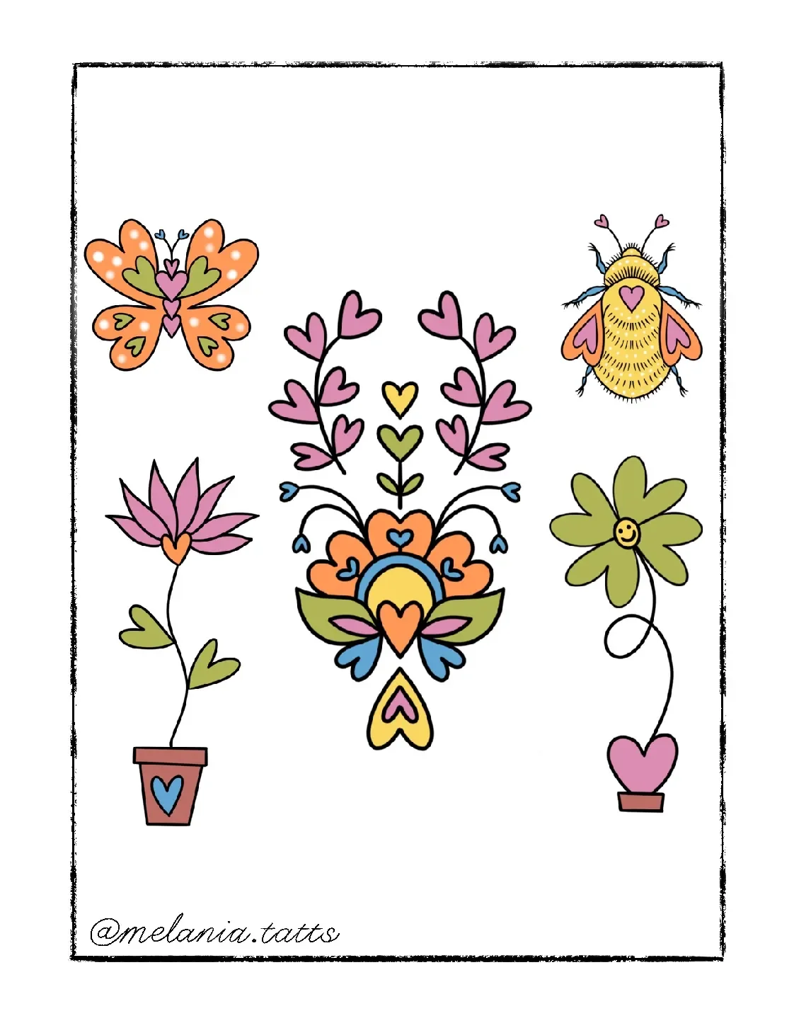 Colorful illustration featuring a butterfly, bee, and flowers with hearts and smiley faces, in a whimsical, cartoon style.