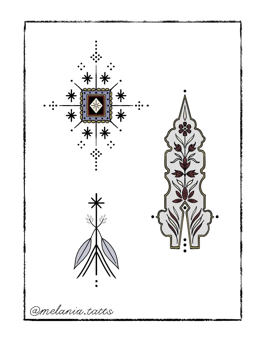 Three decorative tattoo designs, including a star and snowflake pattern, a floral and leaf design, and a star with leaves and branches.