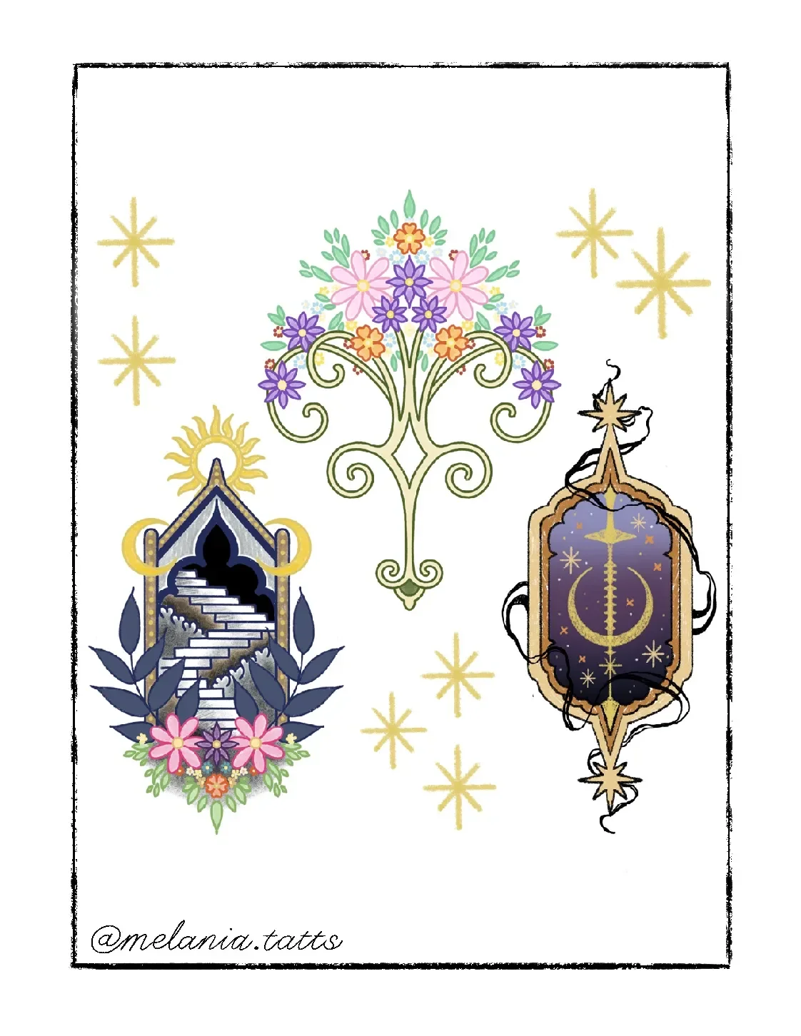 Illustration of a central decorative floral motif with pink, purple, and orange flowers, surrounded by two ornate stained glass designs featuring celestial symbols, set against a white background with gold star accents.