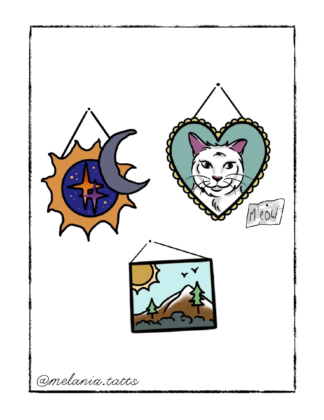 Digital drawings of three decorative hanging items: a sun and moon celestial theme, a heart-shaped portrait of a white cat with green eyes, and a framed landscape of mountains, trees, a sun, and birds.