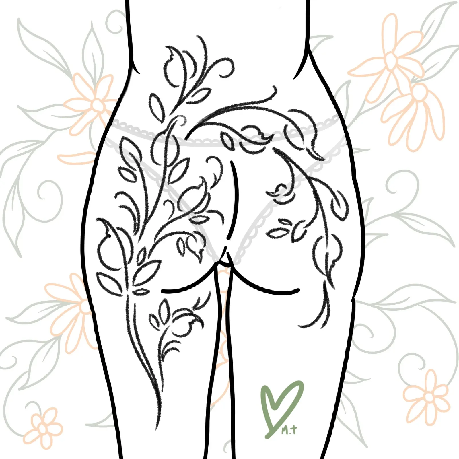 Black outline drawing of a woman's backside with floral tattoos on her buttocks, set against a background of light floral patterns.