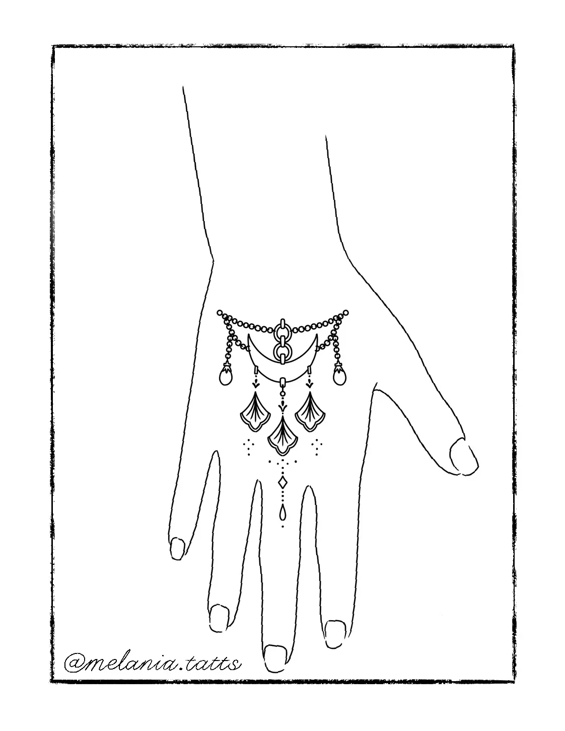 Line drawing of a hand wearing a large, ornate ring on the middle finger and a decorative chain bracelet with hanging charms around the wrist. The drawing is signed '@melania.tatts' in the bottom left corner.