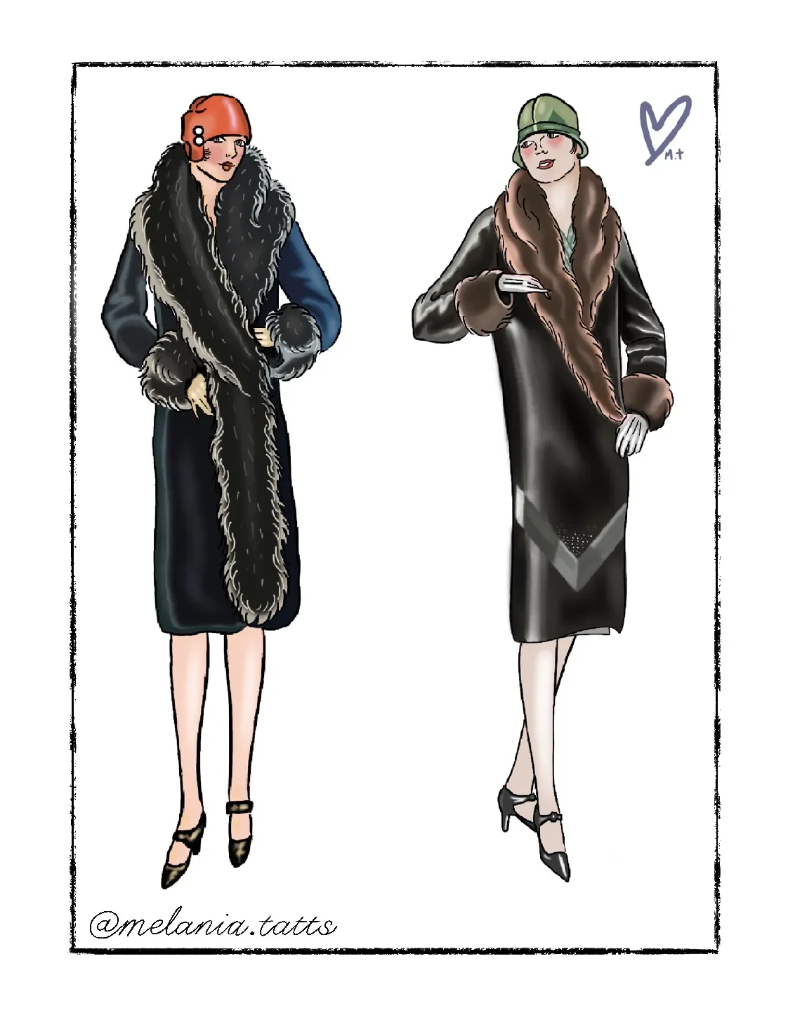 Illustration of two women wearing vintage winter fashion with fur coats and accessories, standing side by side with a white background and a black border.