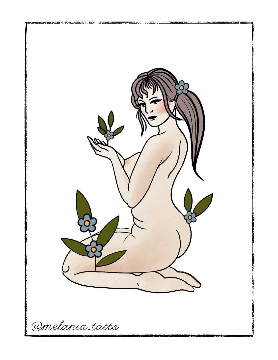 An illustration of a nude woman with long hair, partly tied with a blue flower, holding a flower branch, surrounded by other flowers and leaves, with the artist's signature '@melania.tatts' at the bottom.