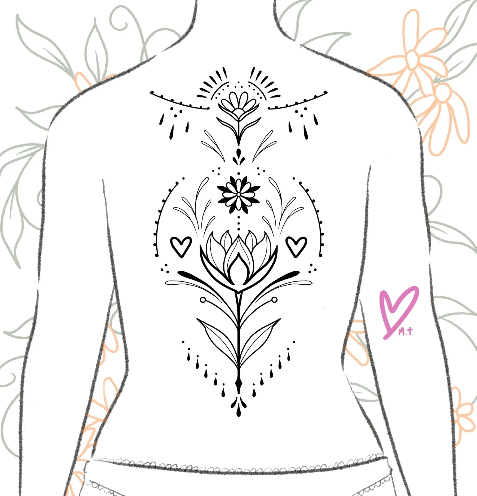 Outline drawing of a human body with a symmetrical floral and heart tattoo design on the chest, surrounded by faint floral outlines, with a pink heart and initials "M.T" on the right side.
