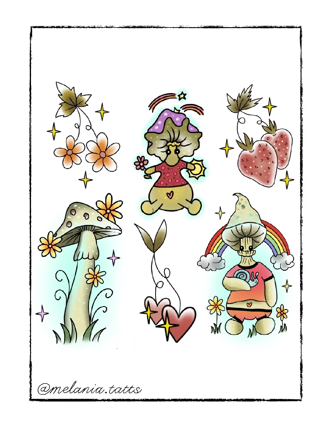 Colorful cartoon illustration of whimsical mushroom characters, a rainbow, hearts, stars, flowers, and a cute creature with a mushroom cap for a head holding a teacup and cupcake.