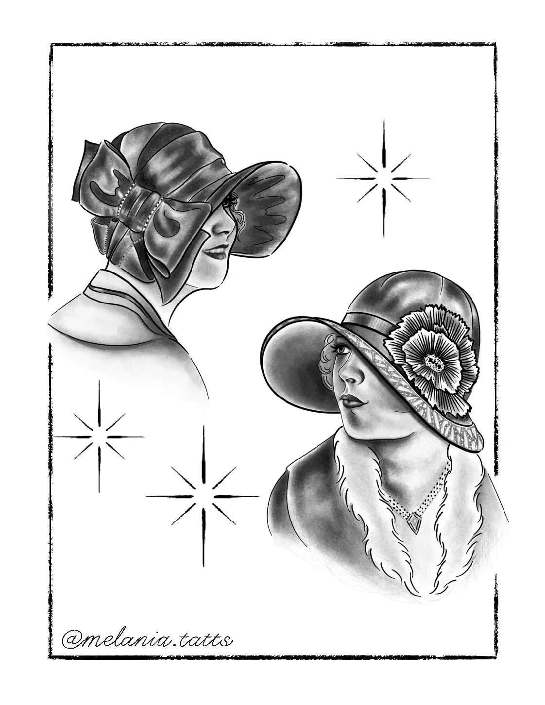 Black and white illustration of two women wearing vintage wide-brimmed hats, with decorative details, facing each other with a star-like sparkle between them. One woman has a flower on her hat, and the other has a bow. The illustration includes a bor