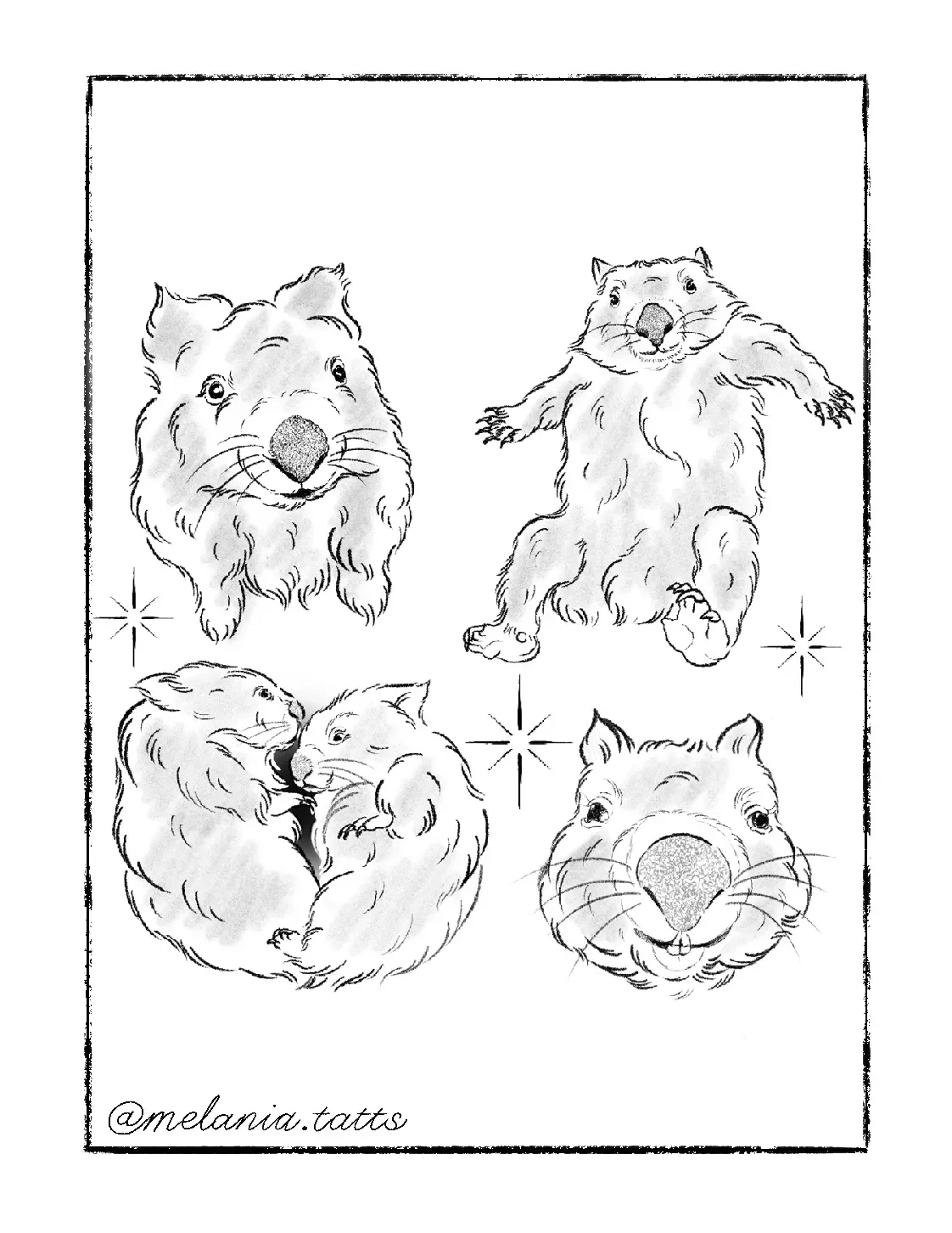 Black and white drawing of animals, including a lion and a bear, in various playful poses and expressions.