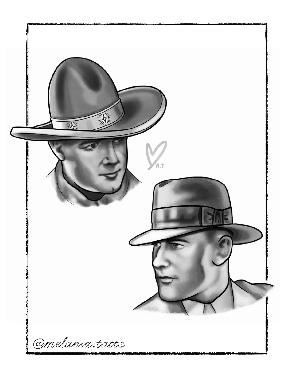 Black and white illustration of two men in vintage military uniforms with hats. One man has a large brimmed hat with decorative stars, and the other has a wide-brimmed hat with a bow. A small heart and the artist's signature '@melania.tatts' are also
