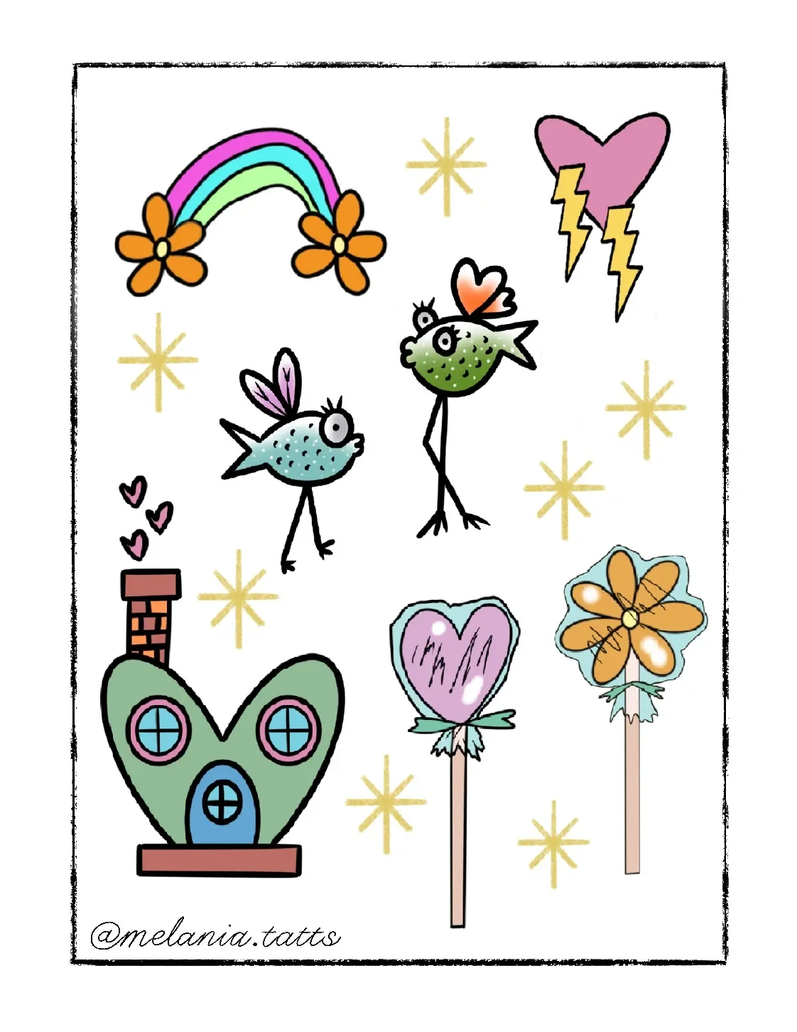 Colorful illustration featuring two cartoon birds, a rainbow with orange flowers, a pink heart with lightning bolts, a green house with a heart-shaped window, two heart-shaped lollipops, a butterfly-shaped flower, and star-like symbols.