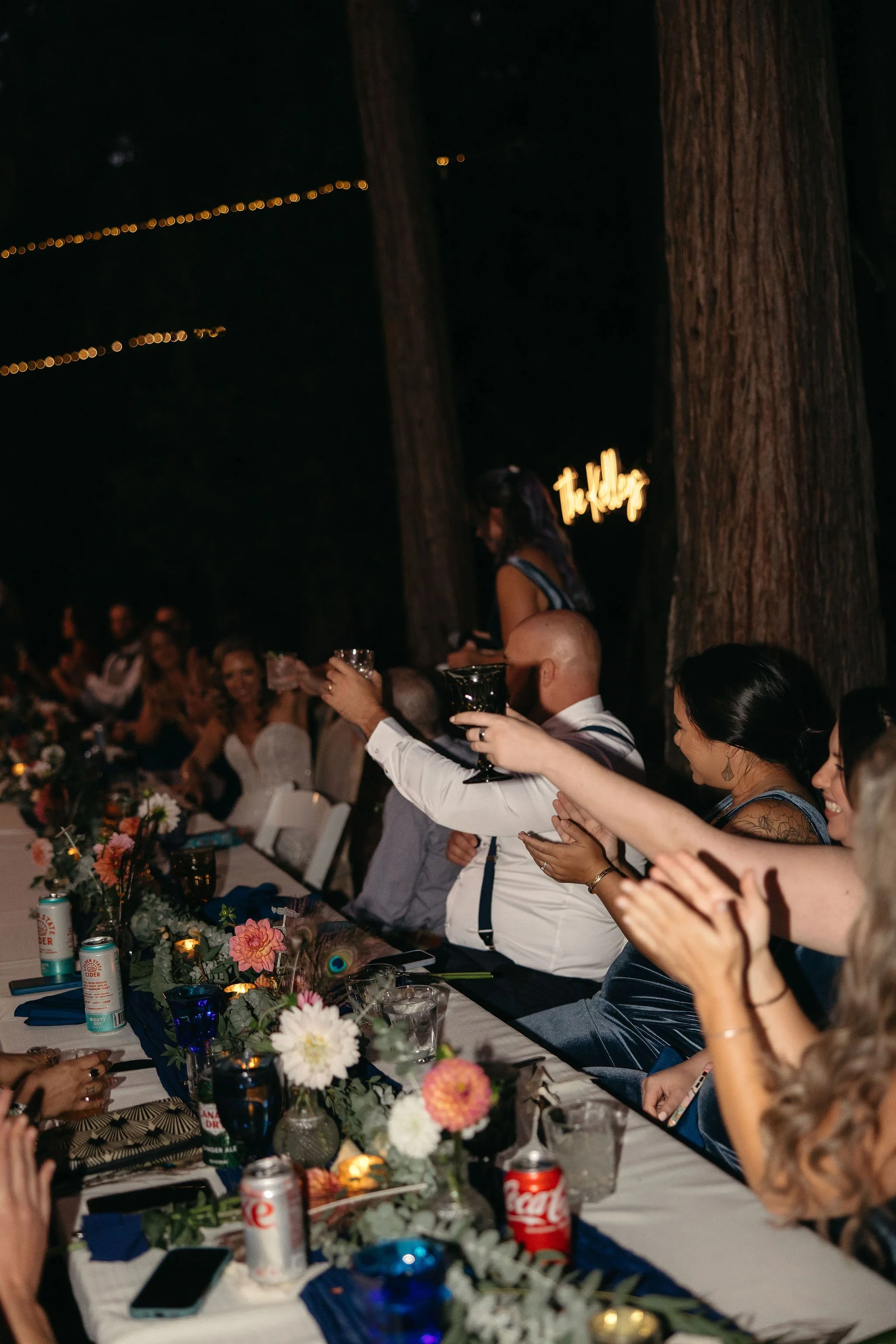 People sitting at a long decorated table outdoors at night, raising glasses in a toast, surrounded by flowers and drinks, with large trees and string lights in the background.