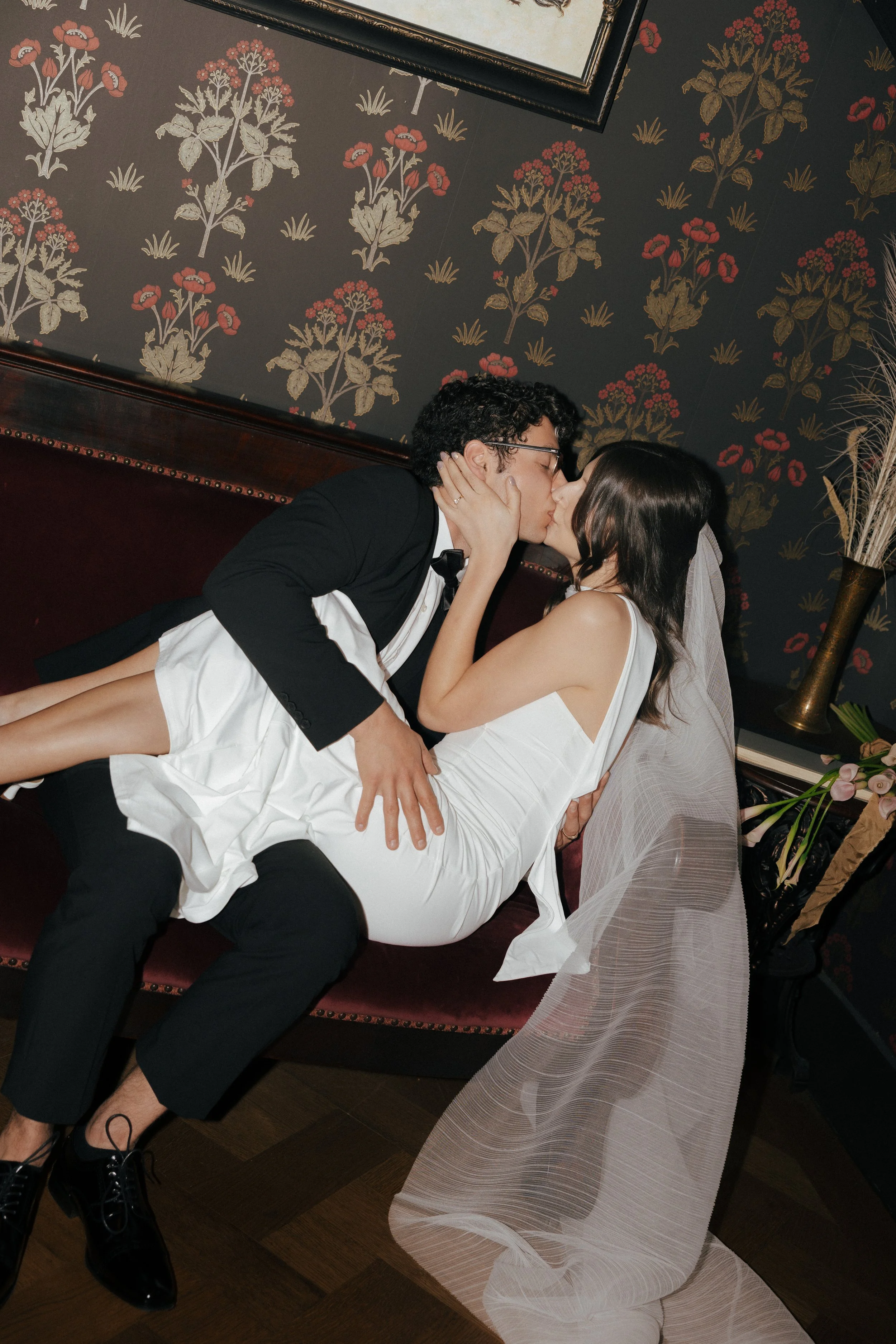portrait of a bride and groom at the National Hotel in Nevada city